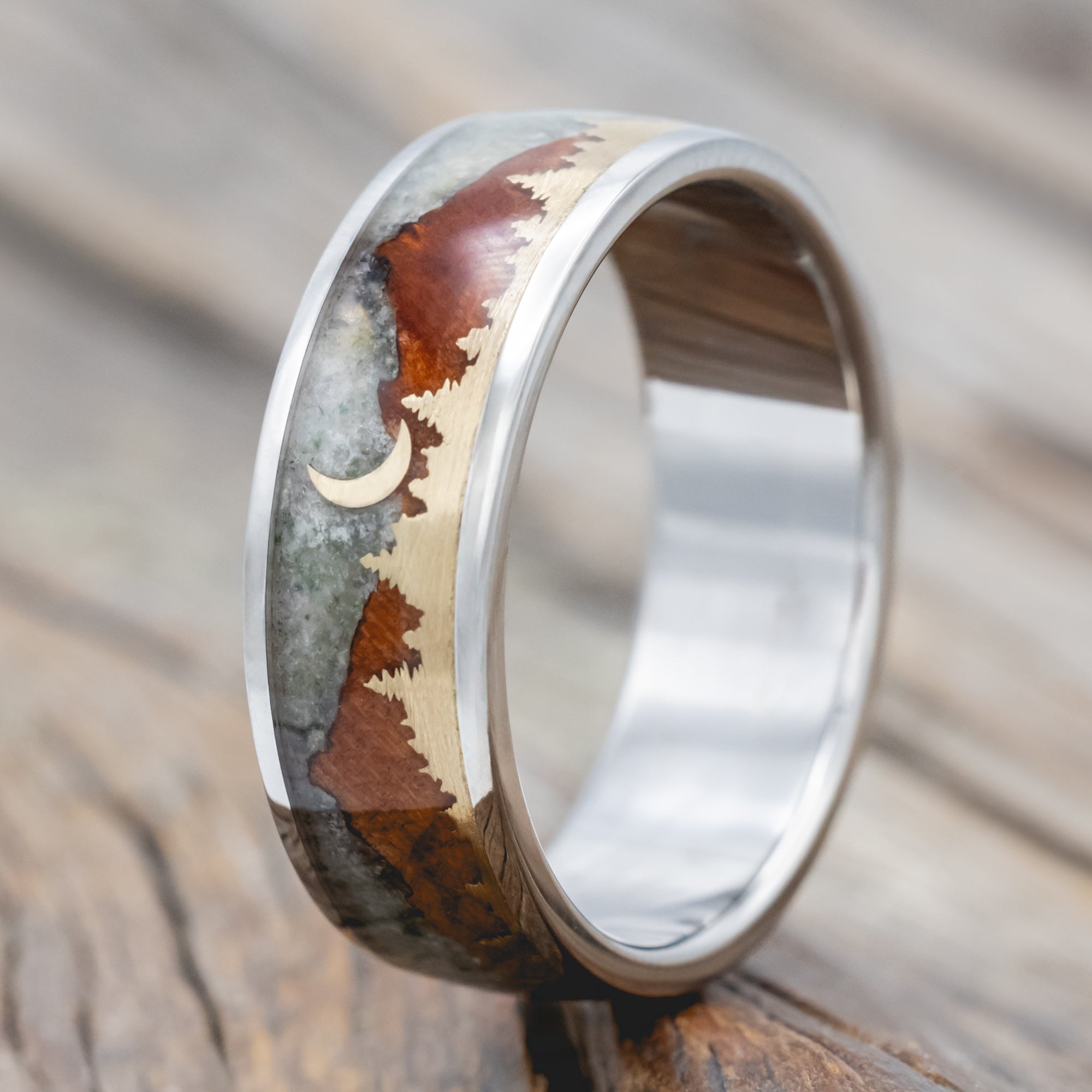 "Orion" - Moss Agate & Redwood Mountain Range Wedding Band With 14K Gold Tree & Crescent Moon Accents-Staghead Designs