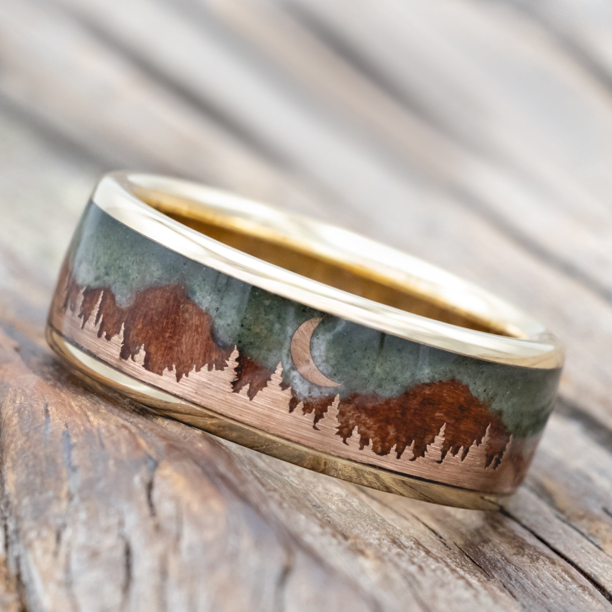 "Orion" - Moss Agate & Redwood Mountain Range Wedding Band With 14K Gold Tree & Crescent Moon Accents-Staghead Designs