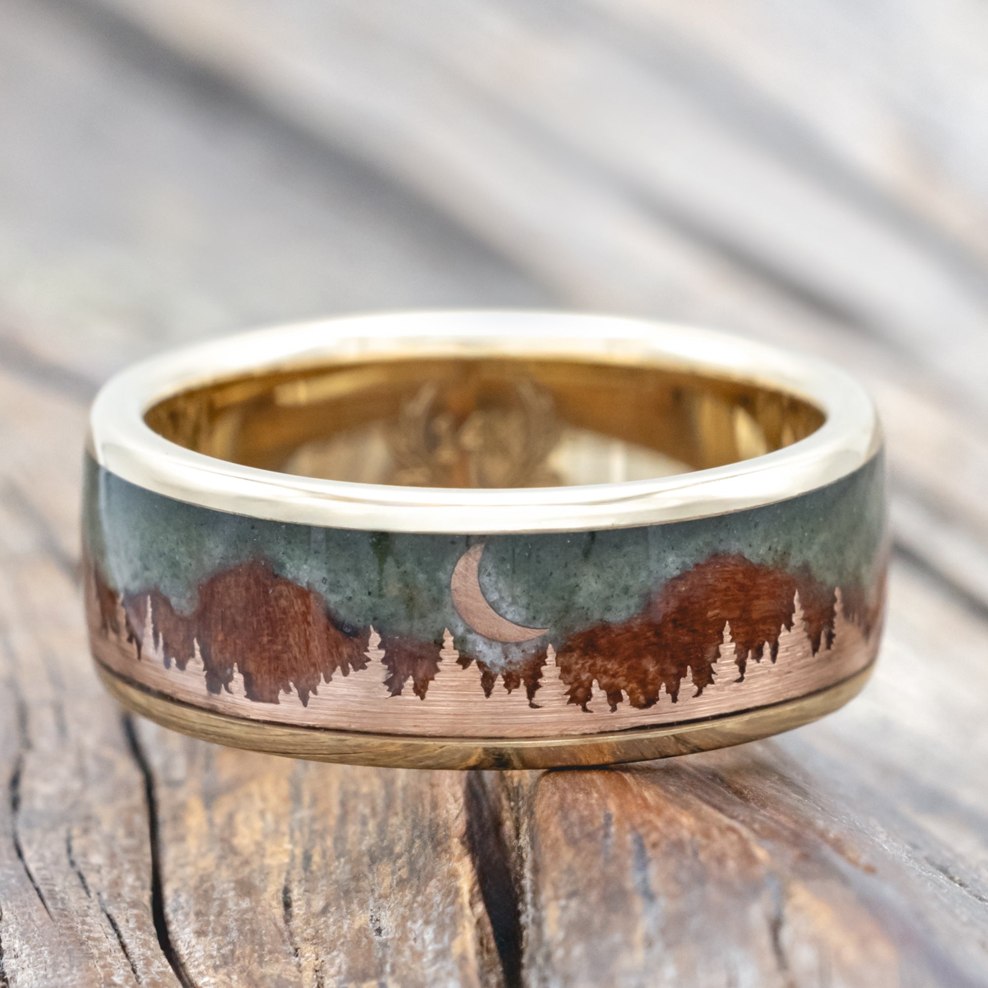 "Orion" - Moss Agate & Redwood Mountain Range Wedding Band With 14K Gold Tree & Crescent Moon Accents-Staghead Designs