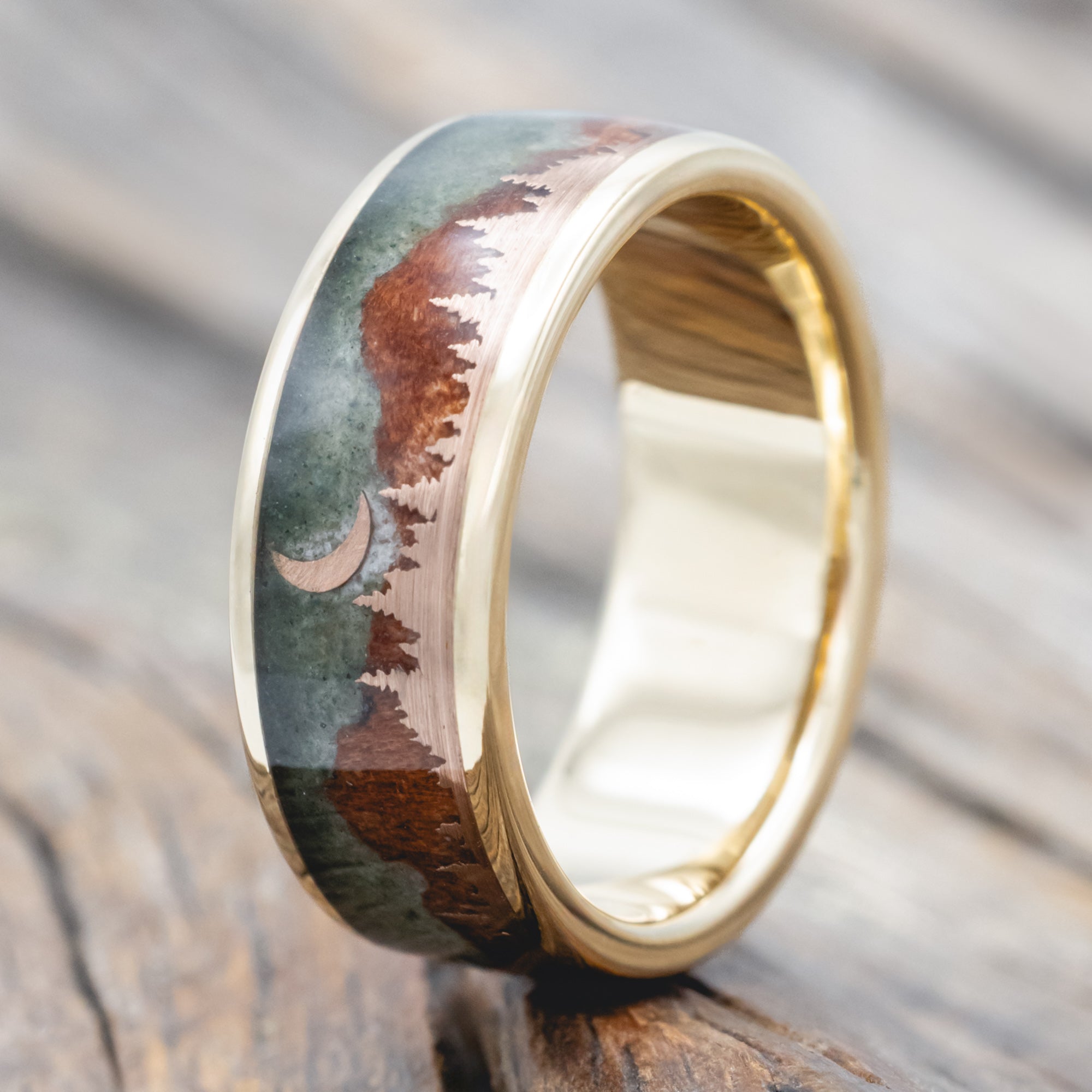 "Orion" - Moss Agate & Redwood Mountain Range Wedding Band With 14K Gold Tree & Crescent Moon Accents-Staghead Designs