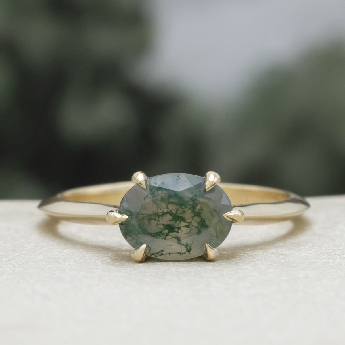 "Zuria" - Oval Cut Moss Agate Solitaire Engagement Ring With Claw Prongs-Staghead Designs