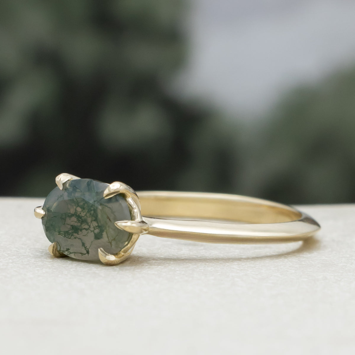 "Zuria" - Oval Cut Moss Agate Solitaire Engagement Ring With Claw Prongs-Staghead Designs