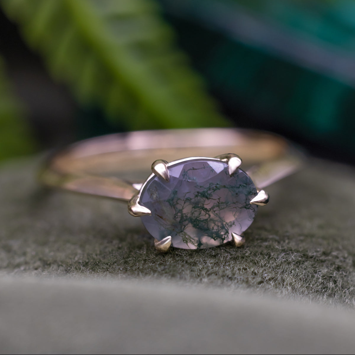 "Zuria" - Oval Cut Moss Agate Solitaire Engagement Ring With Claw Prongs-Staghead Designs
