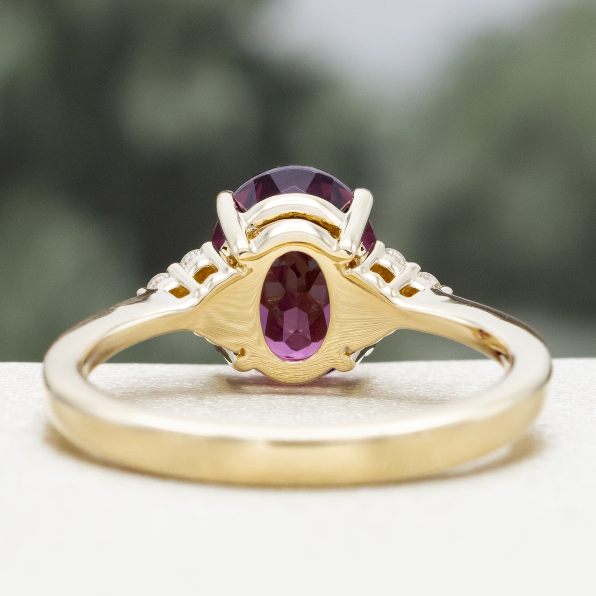 "RHEA" - OVAL CUT RHODOLITE GARNET ENGAGEMENT RING WITH DIAMOND ACCENTS-Staghead Designs