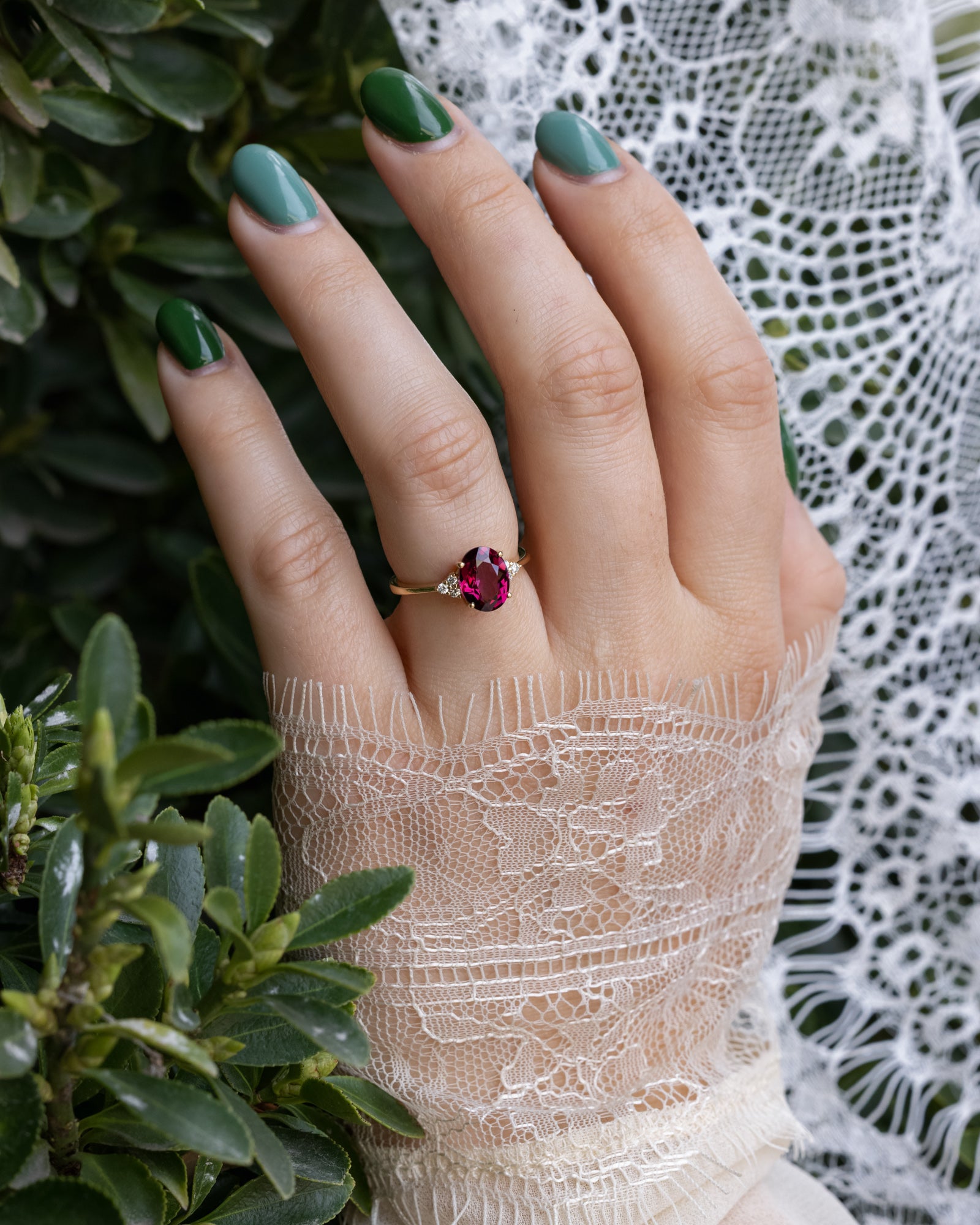 "RHEA" - OVAL CUT RHODOLITE GARNET ENGAGEMENT RING WITH DIAMOND ACCENTS-Staghead Designs