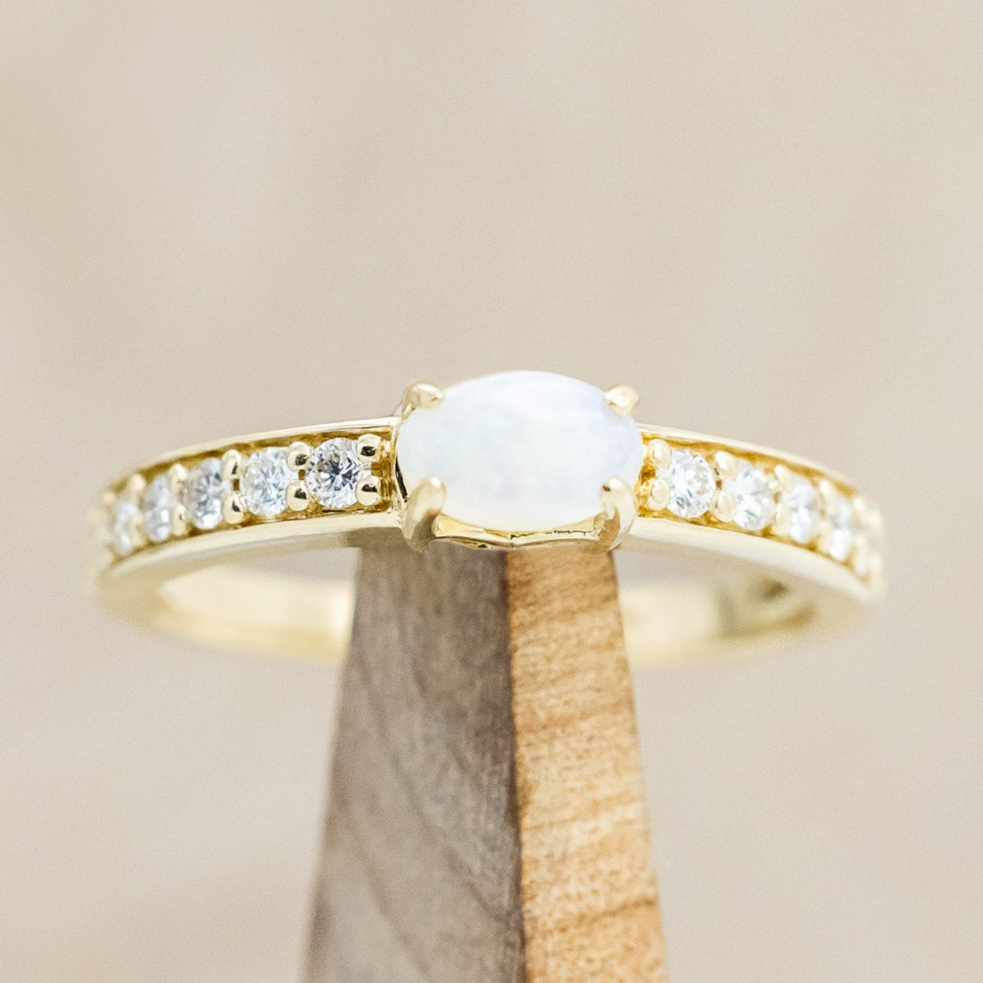 OVAL WHITE OPAL ENGAGEMENT RING WITH DIAMOND ACCENTS-Staghead Designs