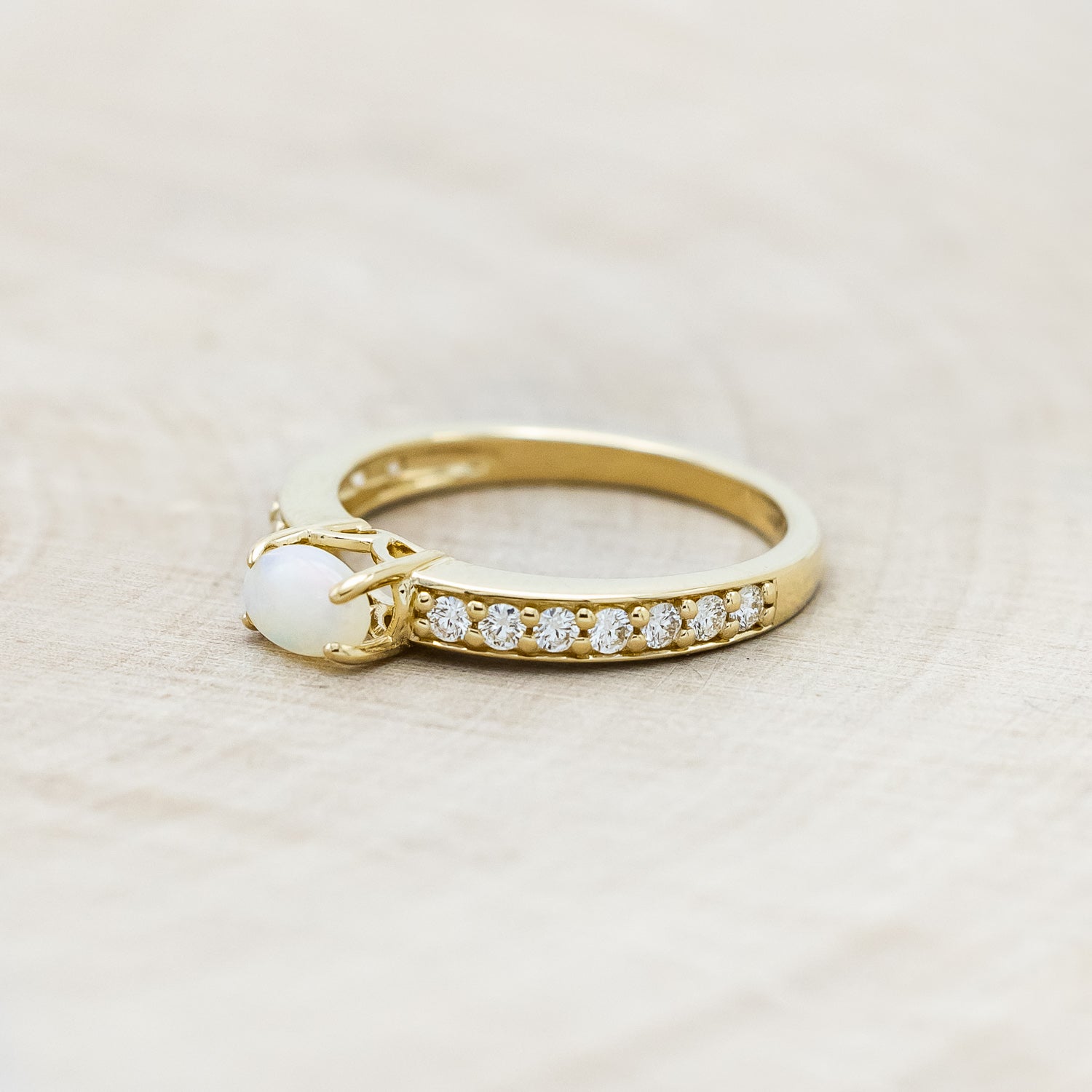 OVAL WHITE OPAL ENGAGEMENT RING WITH DIAMOND ACCENTS-Staghead Designs