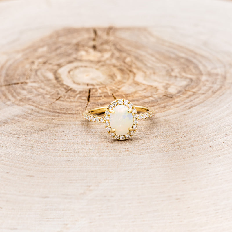 "OLIVIA" - OVAL WHITE OPAL ENGAGEMENT RING WITH DIAMOND HALO & ACCENTS-4