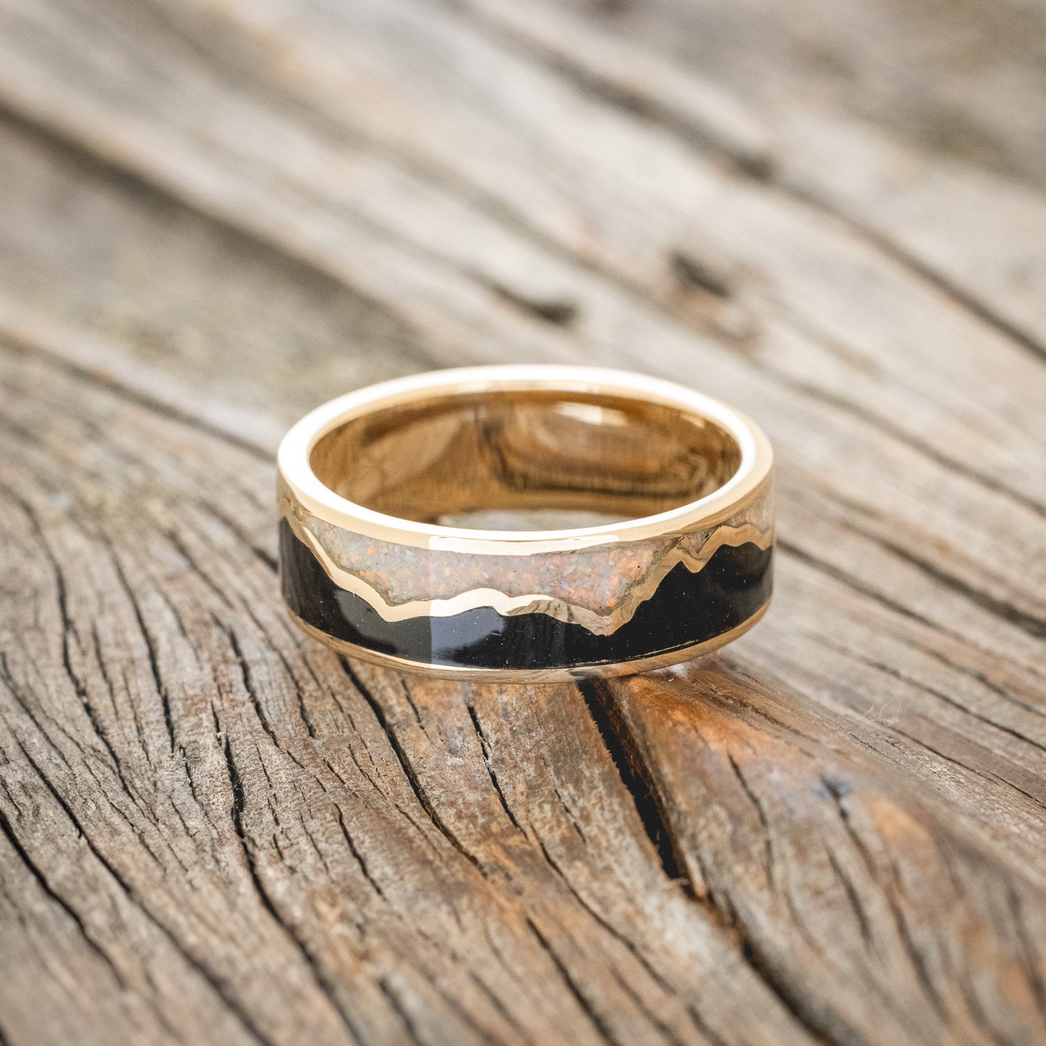 "PEAK" - WHITE OPAL & JET STONE INLAY WITH MOUNTAIN RANGE WEDDING BAND-3