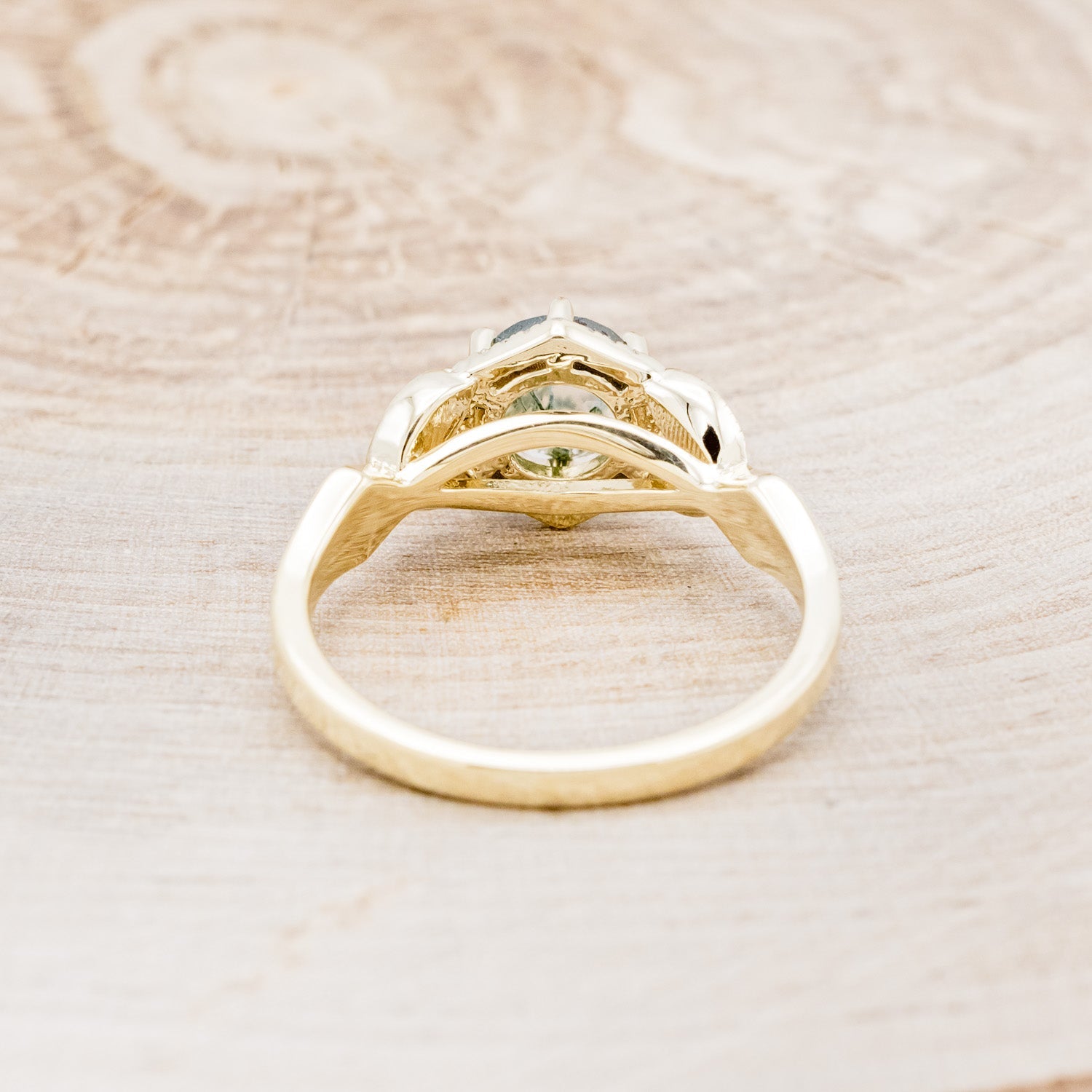 "LUCY IN THE SKY" PETITE - ROUND MOSS AGATE ENGAGEMENT RING WITH DIAMOND HALO & MOSS INLAYS - READY TO SHIP-Staghead Designs