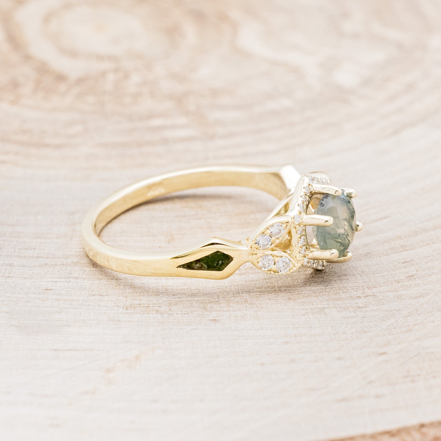 "LUCY IN THE SKY" PETITE - ROUND MOSS AGATE ENGAGEMENT RING WITH DIAMOND HALO & MOSS INLAYS - READY TO SHIP-Staghead Designs