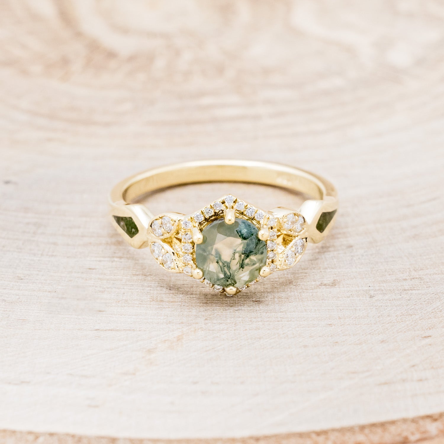 "LUCY IN THE SKY" PETITE - ROUND MOSS AGATE ENGAGEMENT RING WITH DIAMOND HALO & MOSS INLAYS - READY TO SHIP-Staghead Designs