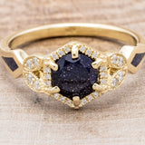 "LUCY IN THE SKY" PETITE -  ROUND CUT BLUE GOLDSTONE ENGAGEMENT RING WITH DIAMOND ACCENTS & GOLDSTONE INLAYS