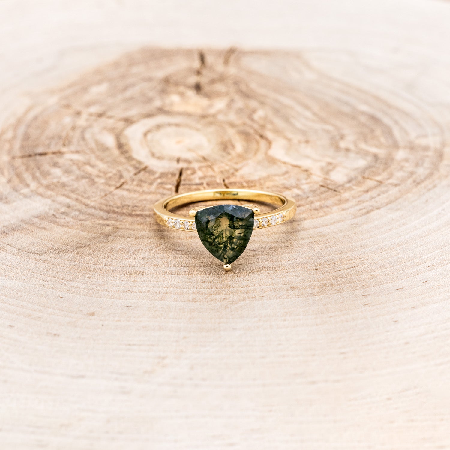 "PIPER" - TRILLION CUT MOSS AGATE ENGAGEMENT RING WITH DIAMOND ACCENTS-4