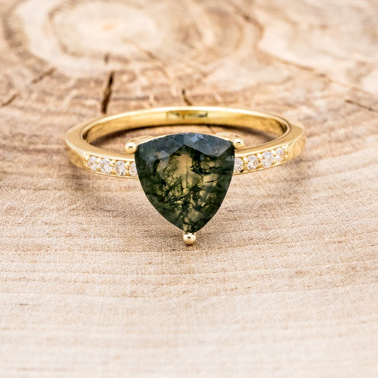 "PIPER" - TRILLION CUT MOSS AGATE ENGAGEMENT RING WITH DIAMOND ACCENTS-4