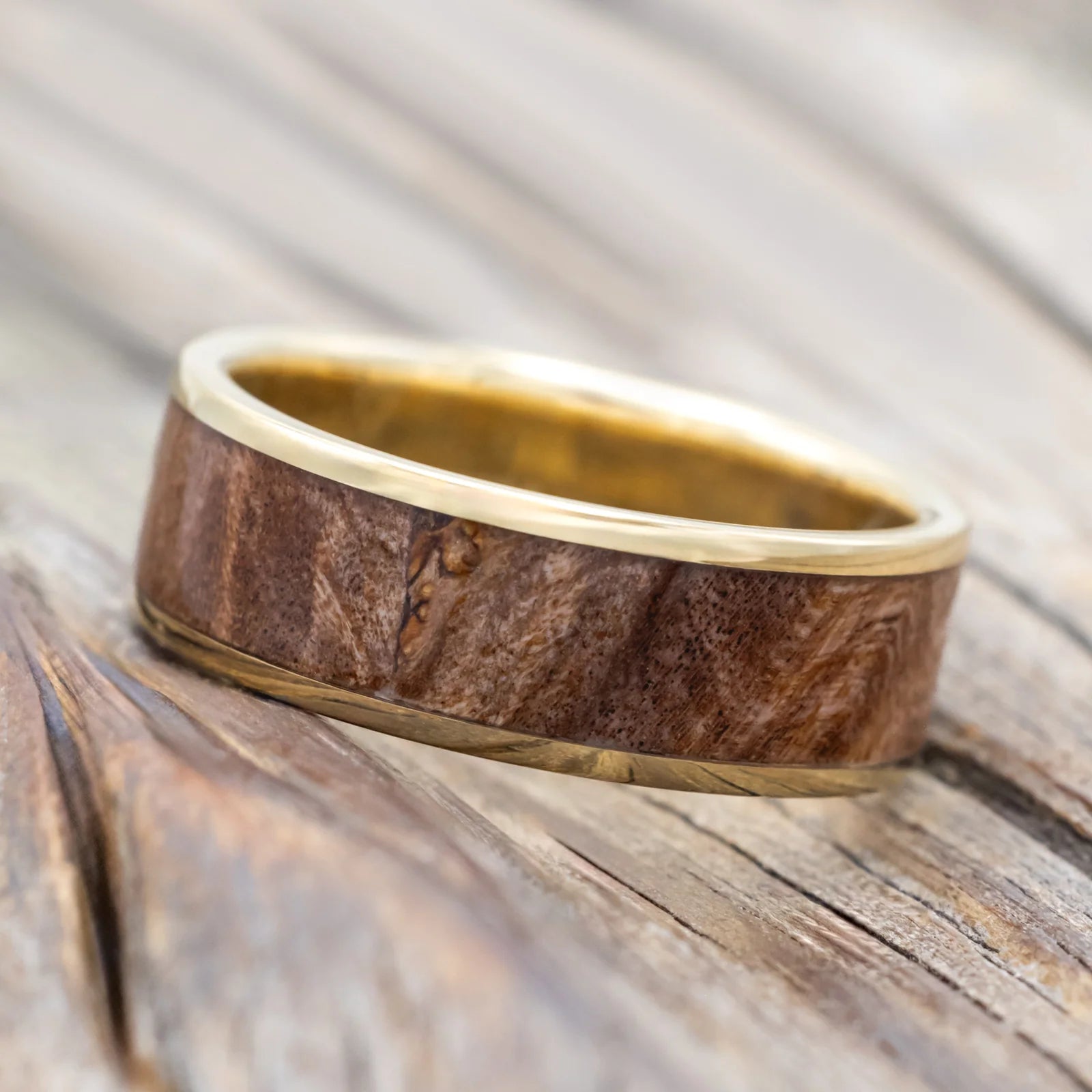 "RAINIER" - DARK MAPLE WOOD WEDDING RING - 14K YELLOW GOLD - SIZE 11 1/2-Staghead Designs