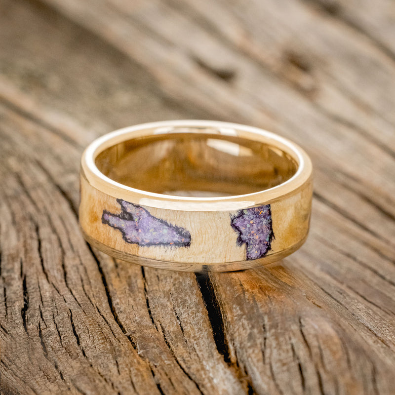 "RAINIER" - BUCKEYE BURL WOOD WITH SUGILITE & OPAL MIX WEDDING RING-3