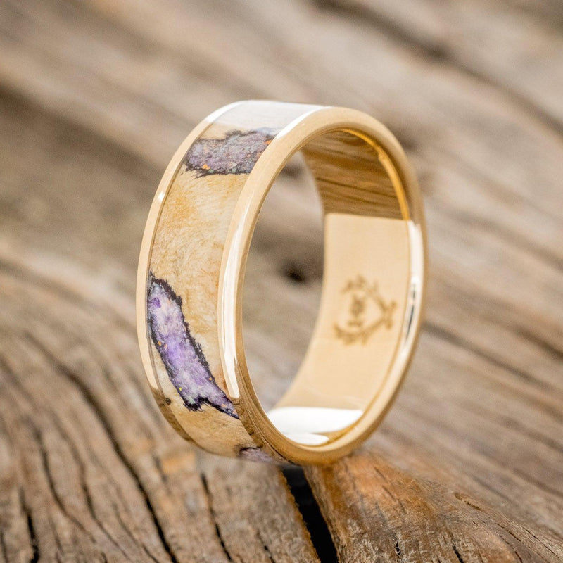 "RAINIER" - BUCKEYE BURL WOOD WITH SUGILITE & OPAL MIX WEDDING RING-1