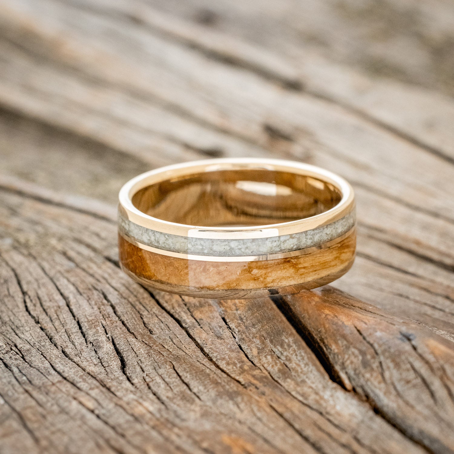 "RAPTOR" - WHISKEY BARREL OAK & ELK TOOTH IVORY WEDDING BAND-12