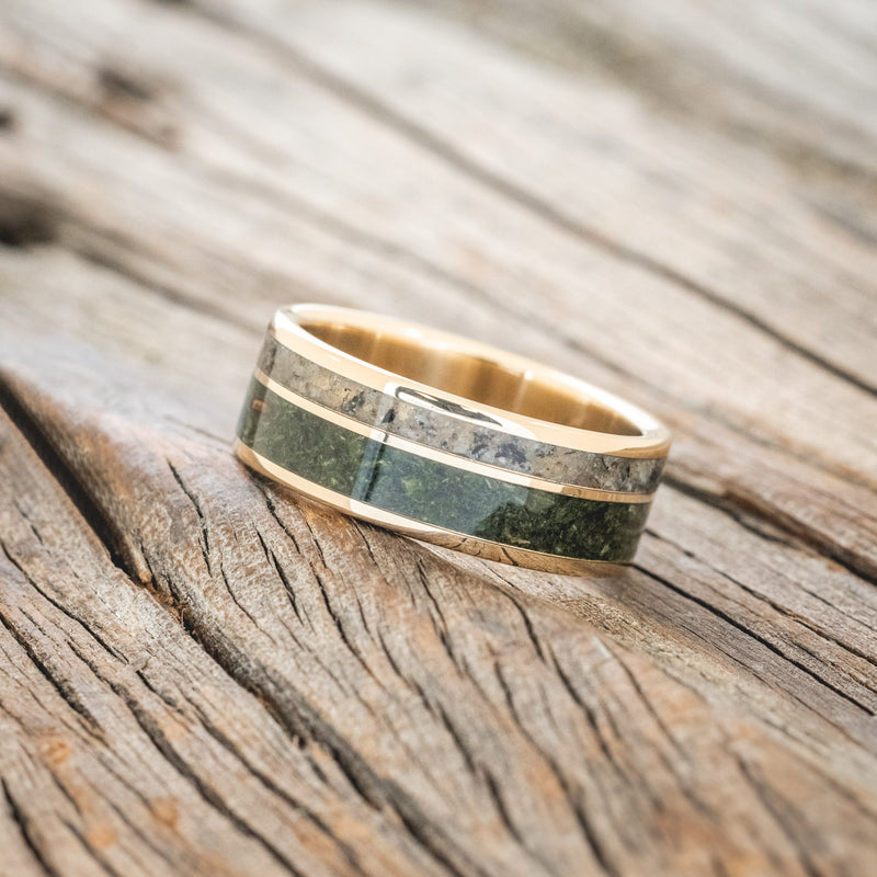 "RAPTOR" - MOSS WITH MOLDAVITE & MOONSTONE MIX WEDDING BAND-5