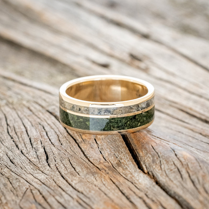 "RAPTOR" - MOSS WITH MOLDAVITE & MOONSTONE MIX WEDDING BAND-6