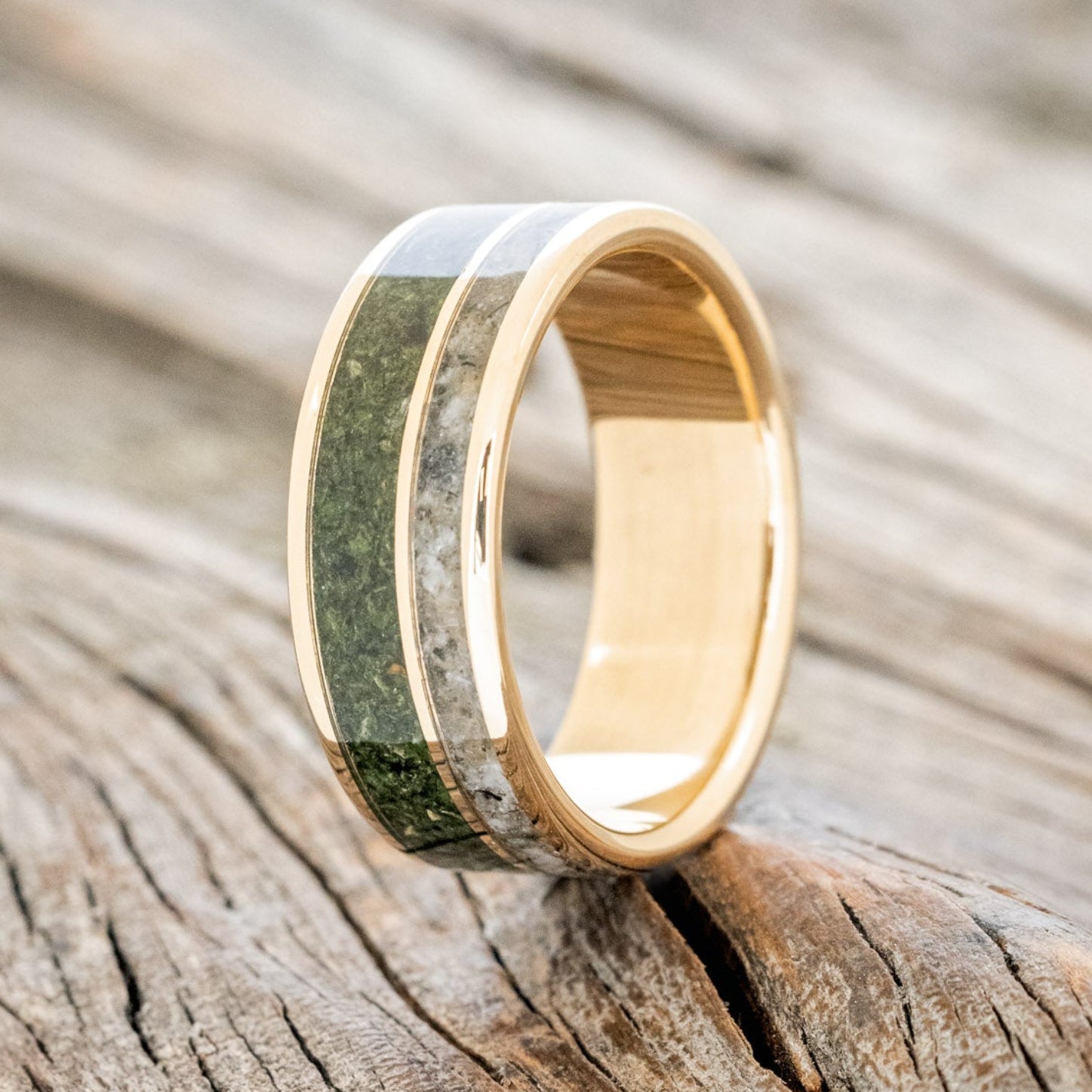 "RAPTOR" - MOSS WITH MOLDAVITE & MOONSTONE MIX WEDDING BAND-4