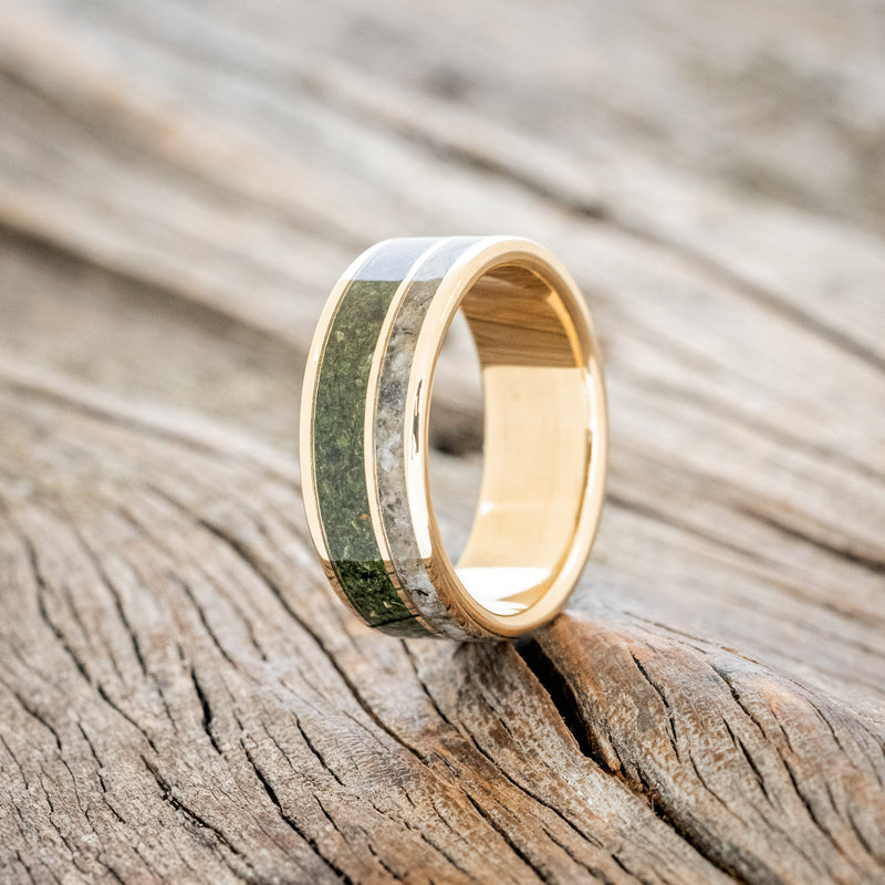 "RAPTOR" - MOSS WITH MOLDAVITE & MOONSTONE MIX WEDDING BAND-4