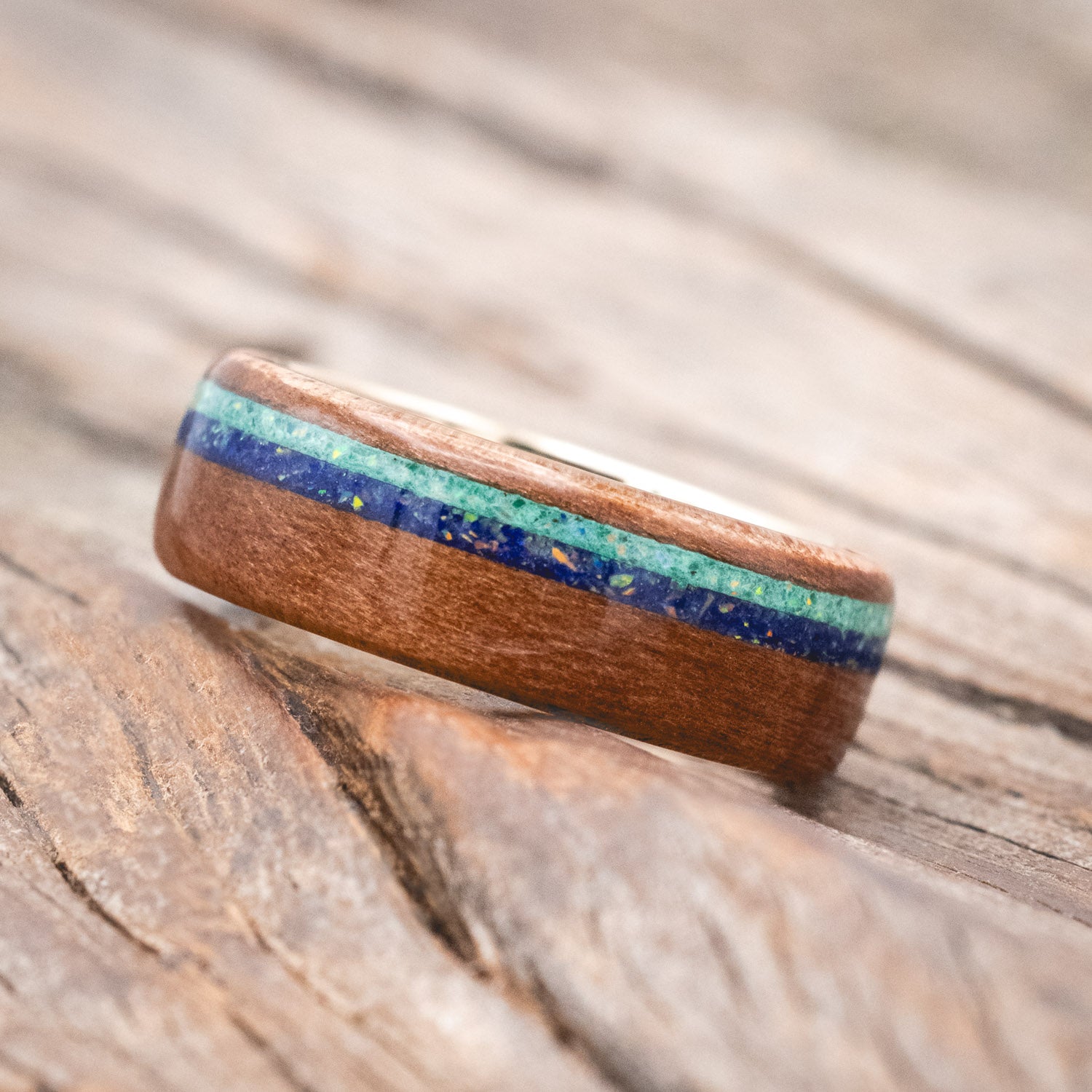 "REMMY" - REDWOOD, LAPIS LAZULI & MALACHITE WITH OPAL MIX WEDDING BAND-Staghead Designs