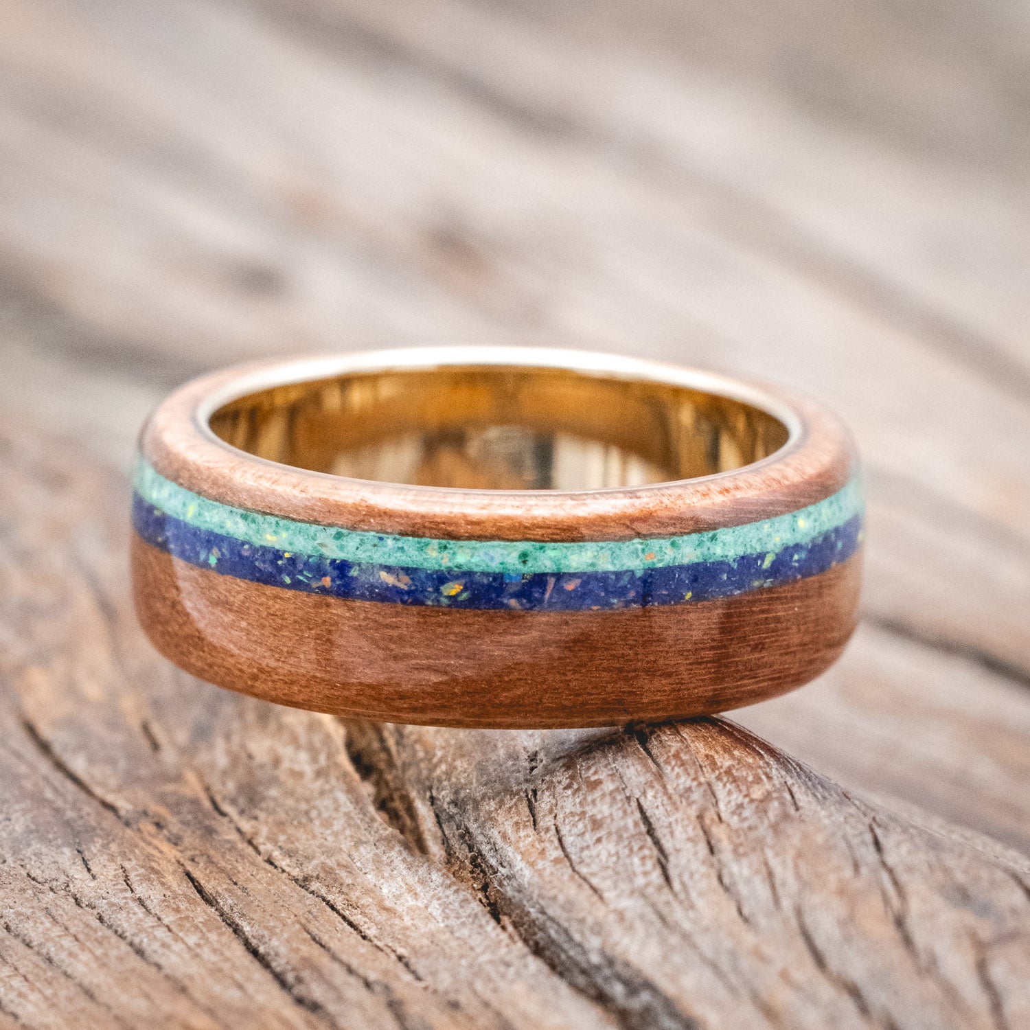 "REMMY" - REDWOOD, LAPIS LAZULI & MALACHITE WITH OPAL MIX WEDDING BAND-Staghead Designs
