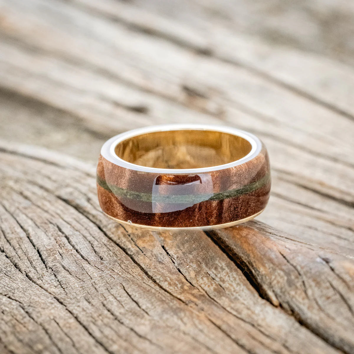 "REMMY" - REDWOOD & MOSS WEDDING RING - 14K YELLOW GOLD - SIZE 9-Staghead Designs