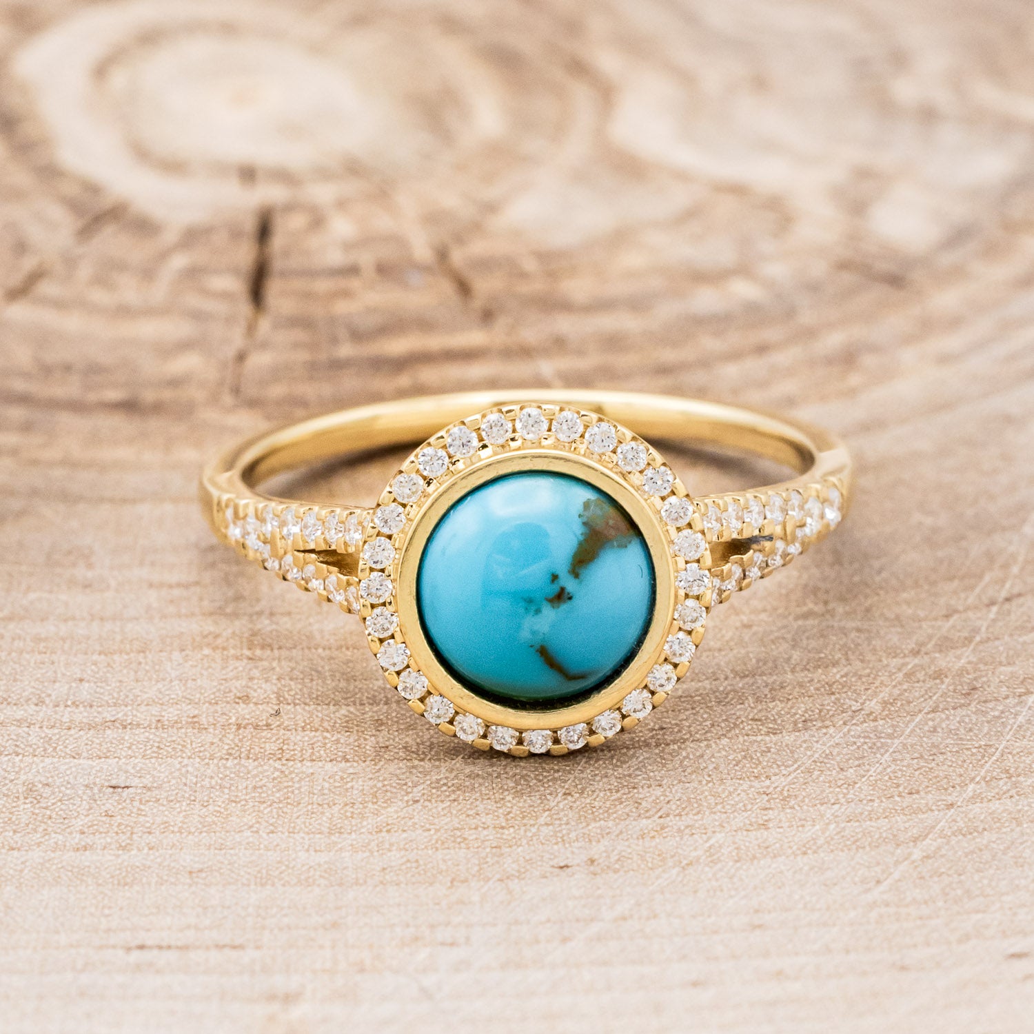 "NOVA" - ROUND CUT TURQUOISE ENGAGEMENT RING WITH DIAMOND HALO & ACCENTS-4