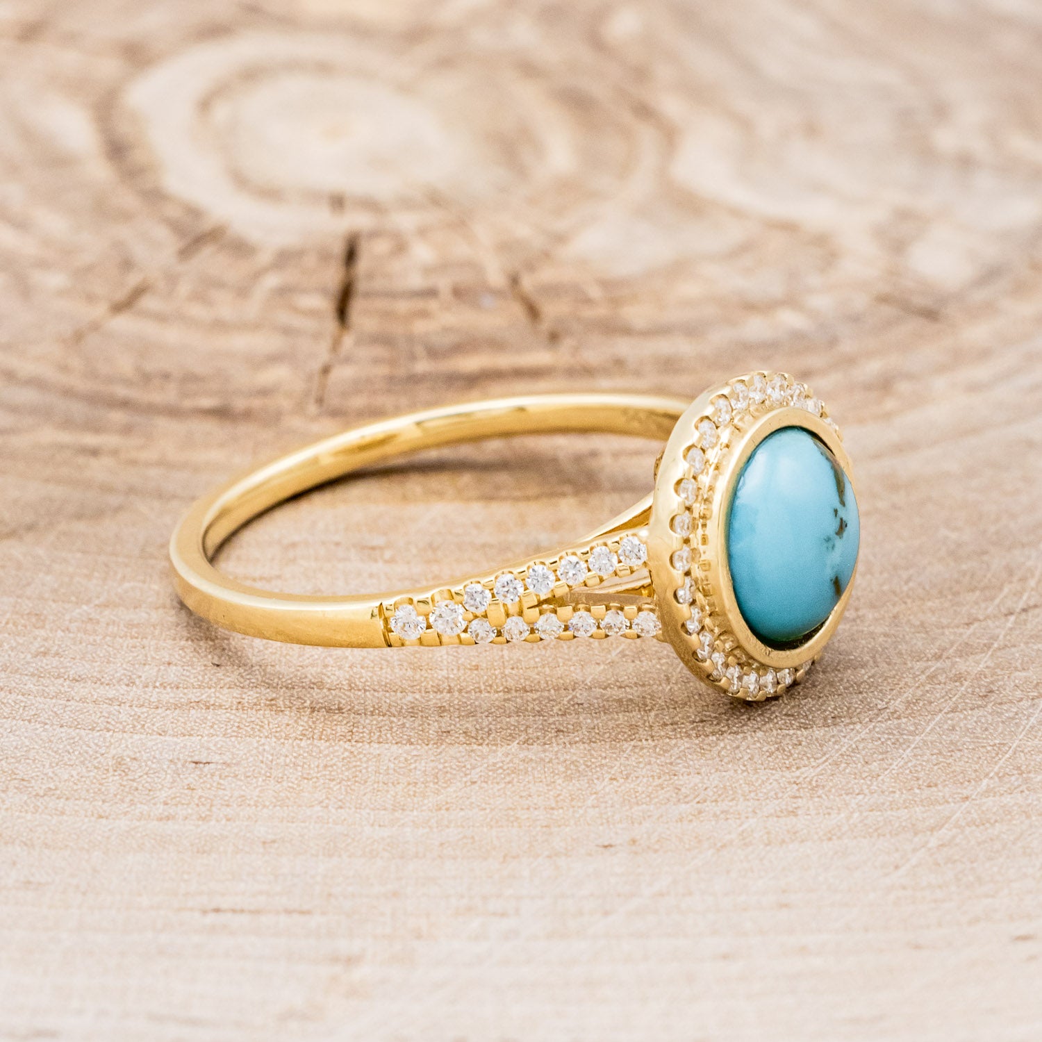 "NOVA" - ROUND CUT TURQUOISE ENGAGEMENT RING WITH DIAMOND HALO & ACCENTS-2