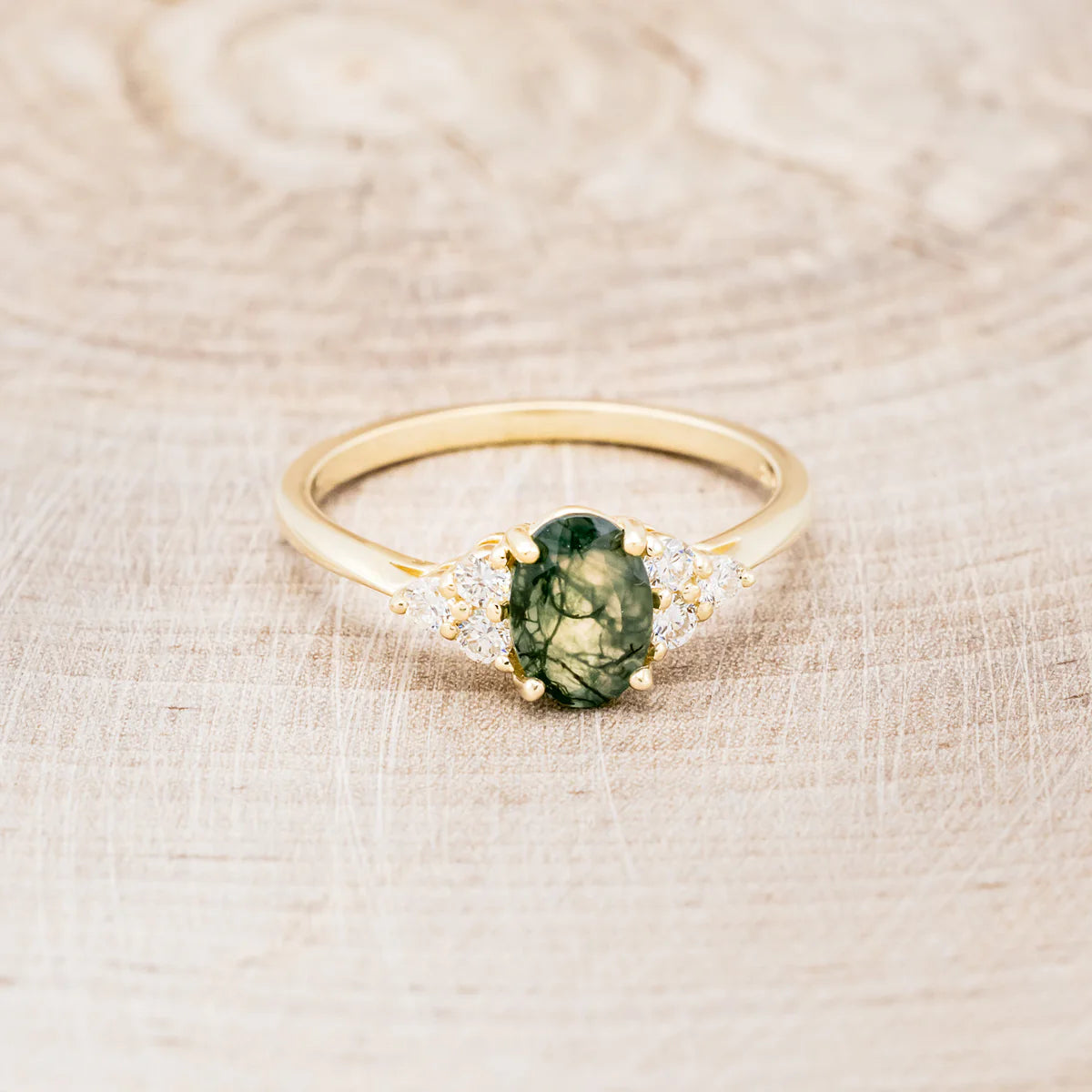 "Rhea" - Oval Cut Moss Agate Engagement Ring With Diamond Accents - 14K Yellow Gold - Size 6 1/2