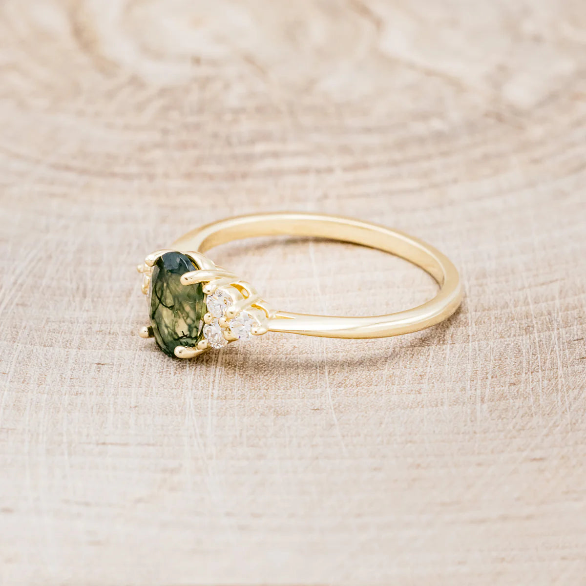 "Rhea" - Oval Cut Moss Agate Engagement Ring With Diamond Accents - 14K Yellow Gold - Size 6 1/2
