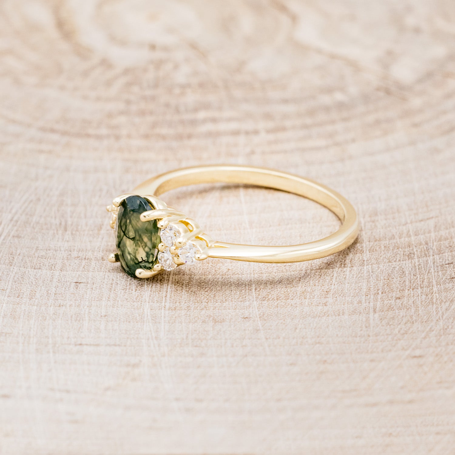 "RHEA" - OVAL MOSS AGATE ENGAGEMENT RING WITH DIAMOND ACCENTS - EXPEDITED-9