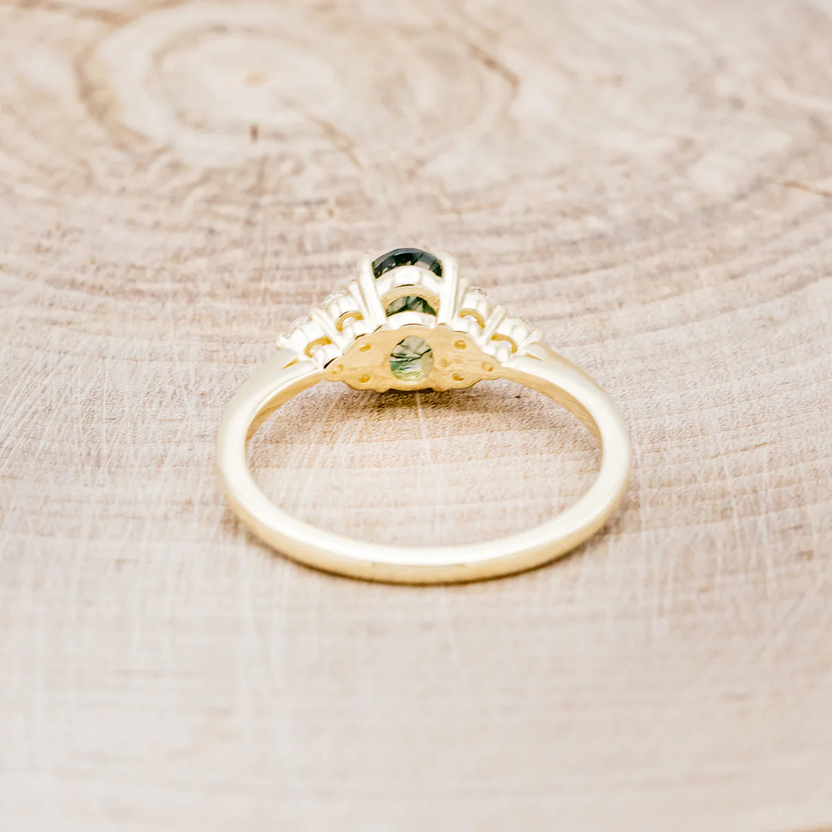 "Rhea" - Oval Cut Moss Agate Engagement Ring With Diamond Accents - 14K Yellow Gold - Size 6 1/2