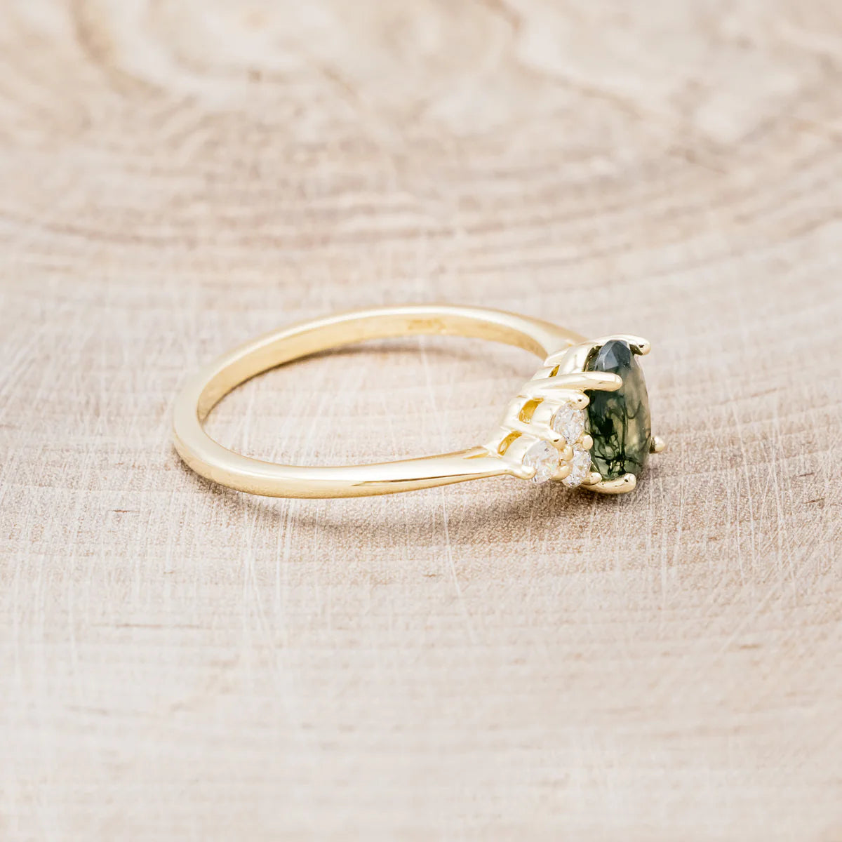 "Rhea" - Oval Cut Moss Agate Engagement Ring With Diamond Accents - 14K Yellow Gold - Size 6 1/2