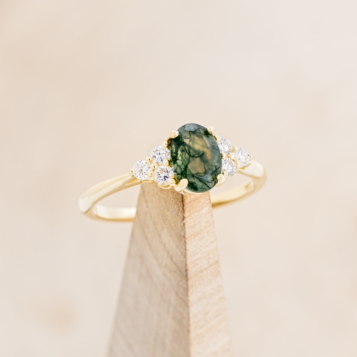 "RHEA" - OVAL MOSS AGATE ENGAGEMENT RING WITH DIAMOND ACCENTS - EXPEDITED-7