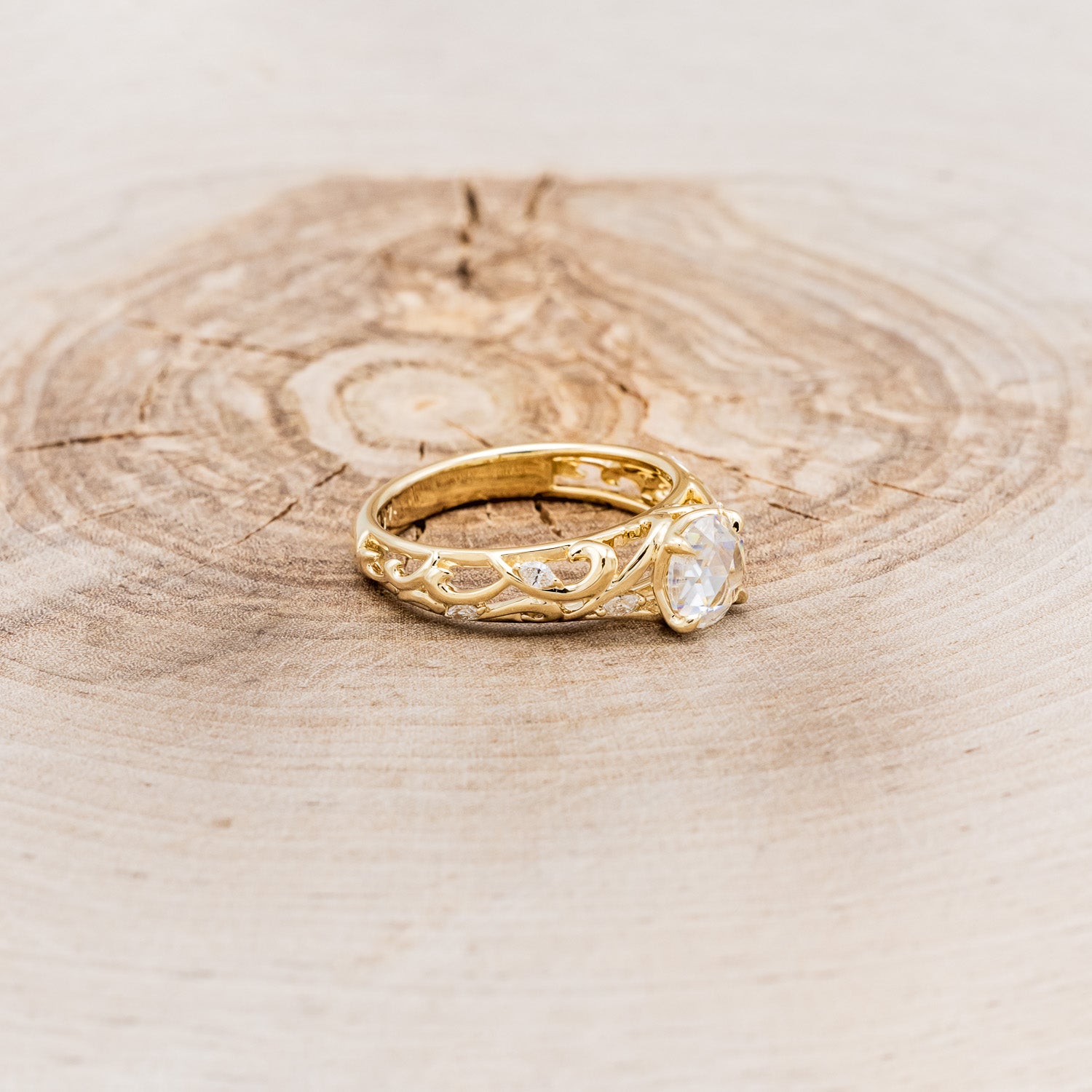 "LADY" - ROUND ROSE-CUT MOISSANITE FILIGREE ENGAGEMENT RING WITH DIAMOND ACCENTS-2