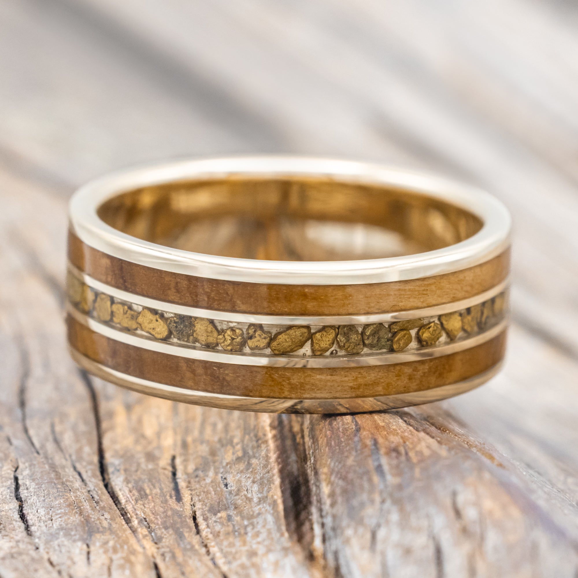 "RIO" - OLIVE WOOD & GOLD NUGGETS WEDDING BAND-Staghead Designs