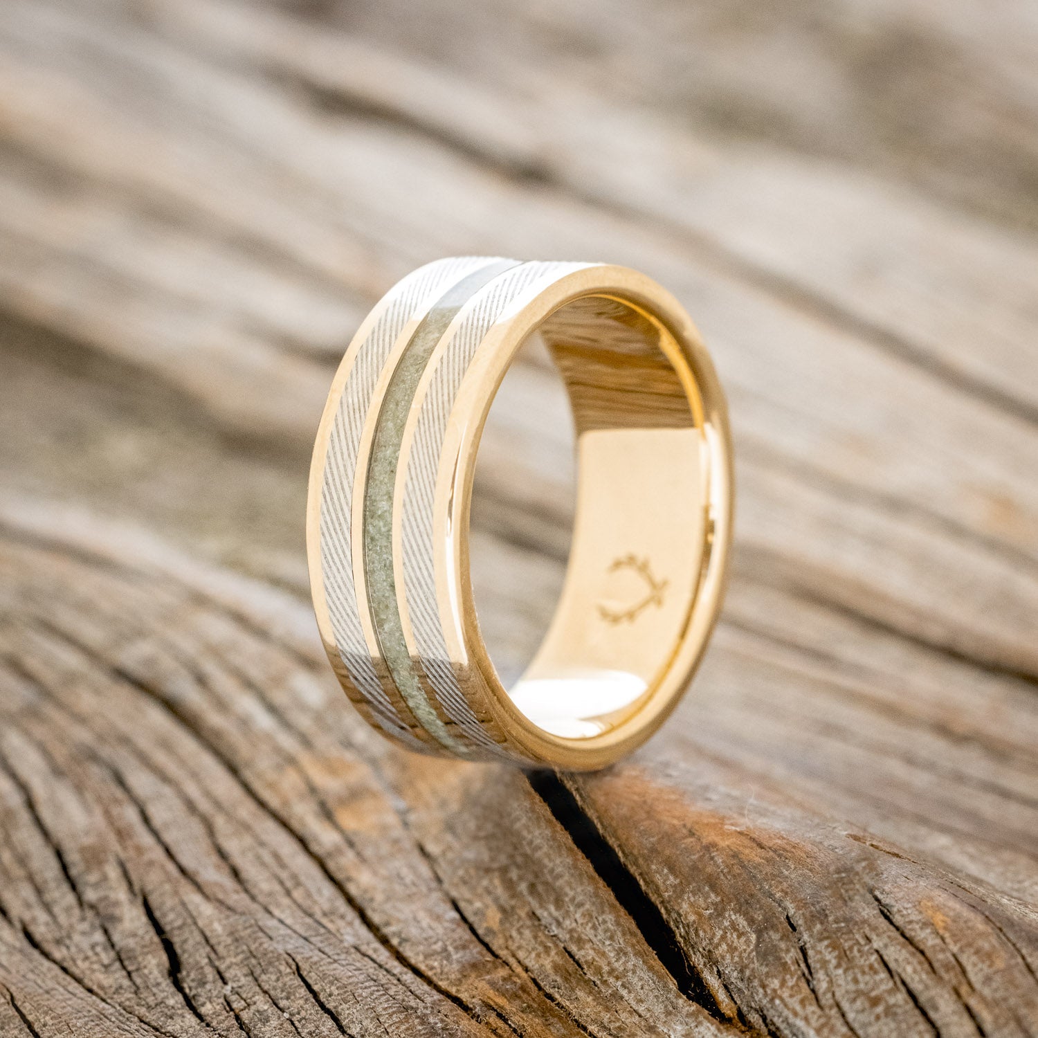 "RIO" - MOLDAVITE & DAMASCUS STEEL INLAYS WEDDING RING FEATURING A 14K GOLD BAND-4