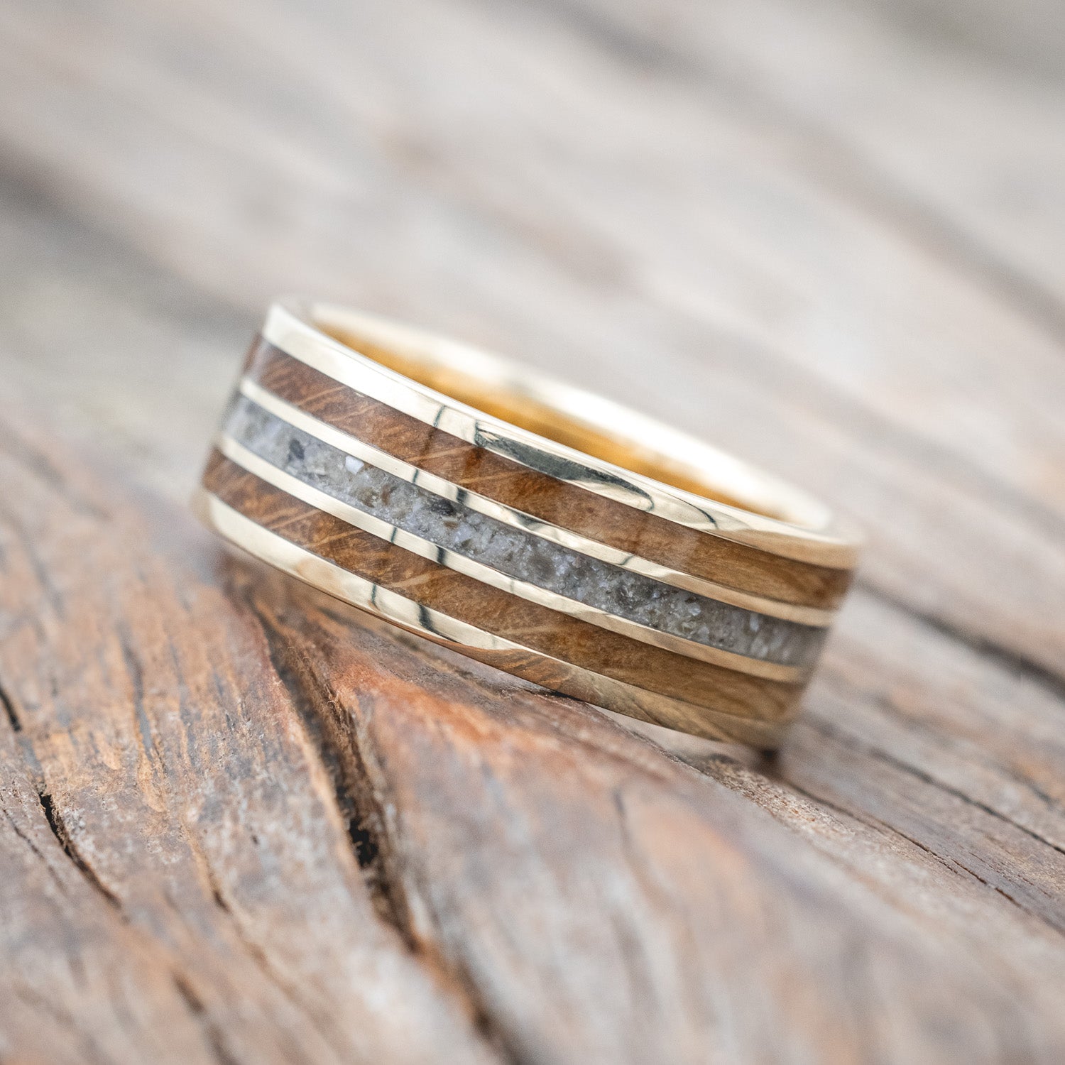 "RIO" - WHISKEY BARREL OAK & CRUSHED BLACK PEARL WEDDING RING-Staghead Designs