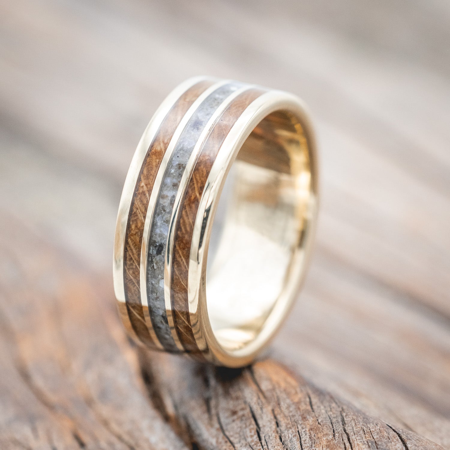 "RIO" - WHISKEY BARREL OAK & CRUSHED BLACK PEARL WEDDING RING-Staghead Designs