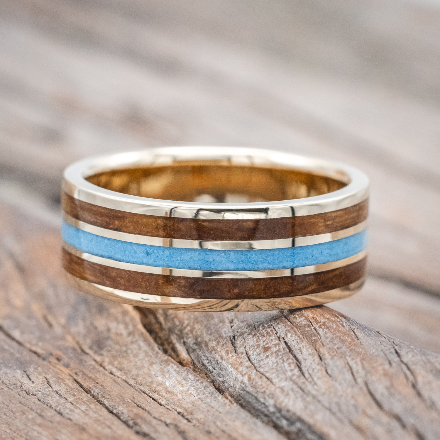 "RIO" - WHISKEY BARREL OAK & TURQUOISE WEDDING RING FEATURING A 14K GOLD BAND-Staghead Designs