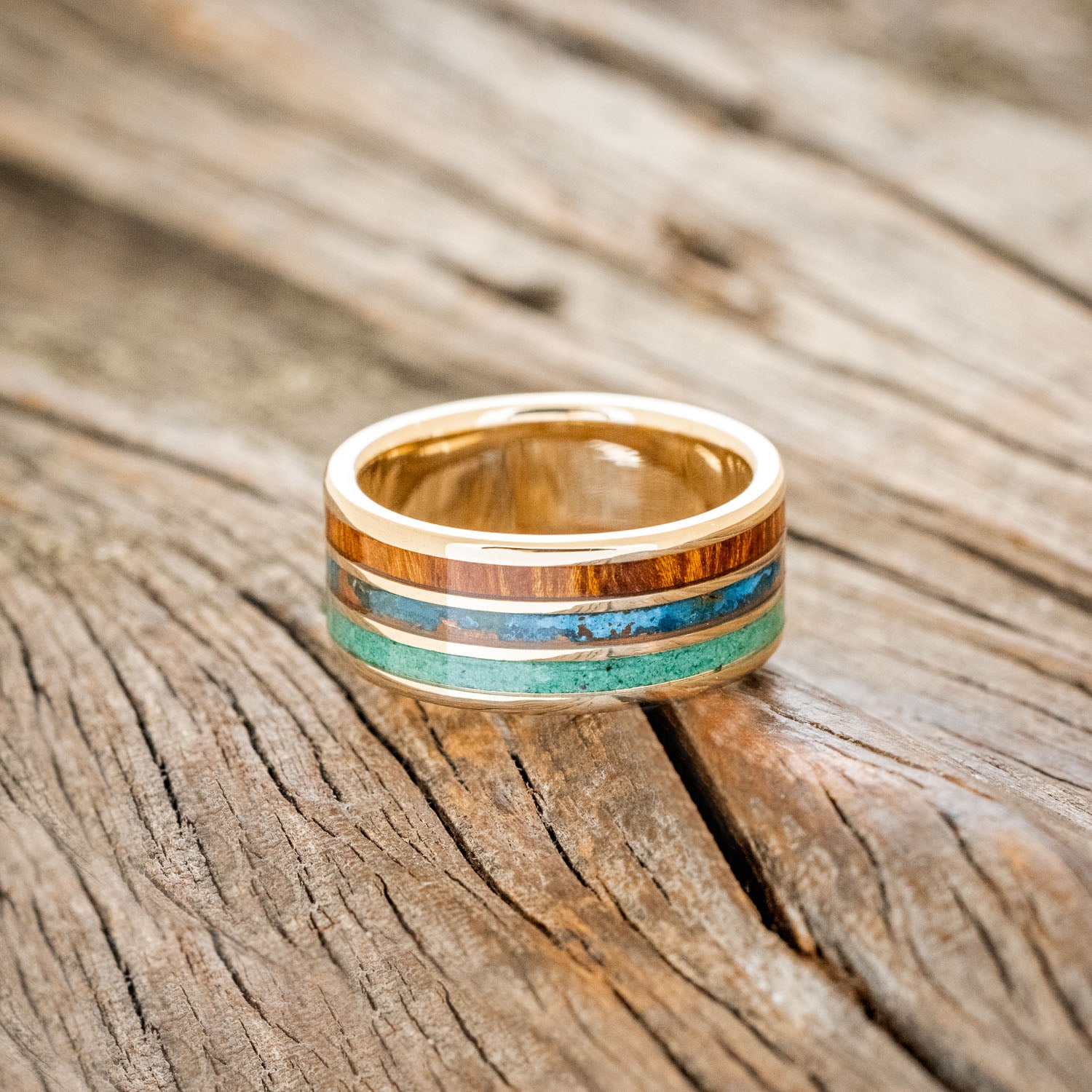 "RIO" - IRONWOOD, PATINA COPPER & MALACHITE WEDDING BAND-3