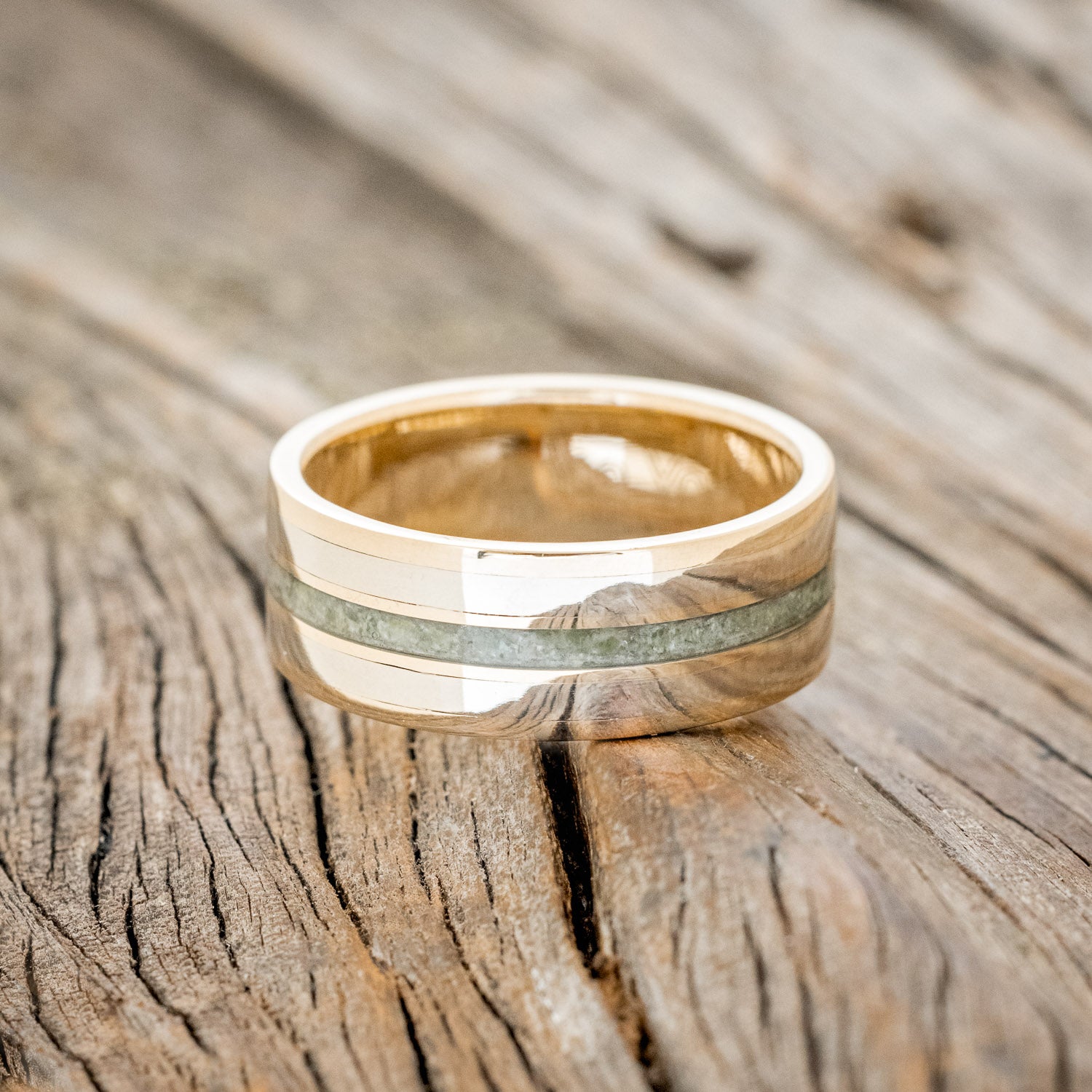 "RIO" - MOLDAVITE & 14K GOLD INLAYS WEDDING RING FEATURING A 14K GOLD BAND-3