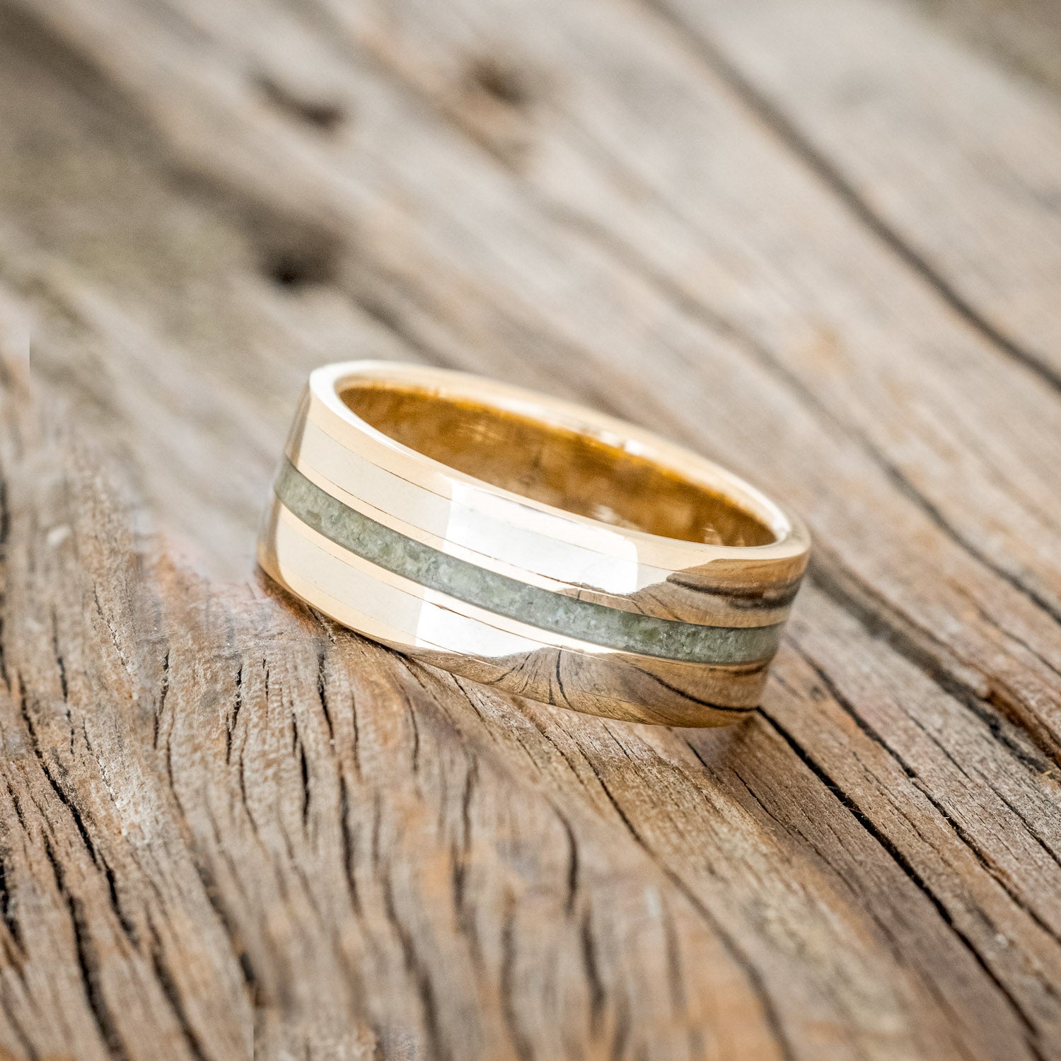 "RIO" - MOLDAVITE & 14K GOLD INLAYS WEDDING RING FEATURING A 14K GOLD BAND-2