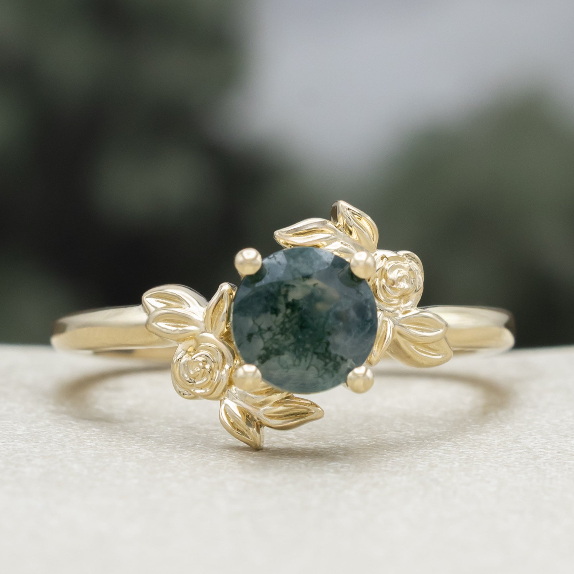 "Rosa" - Round Cut Moss Agate Solitaire Engagement Ring With Flower Accents-Staghead Designs
