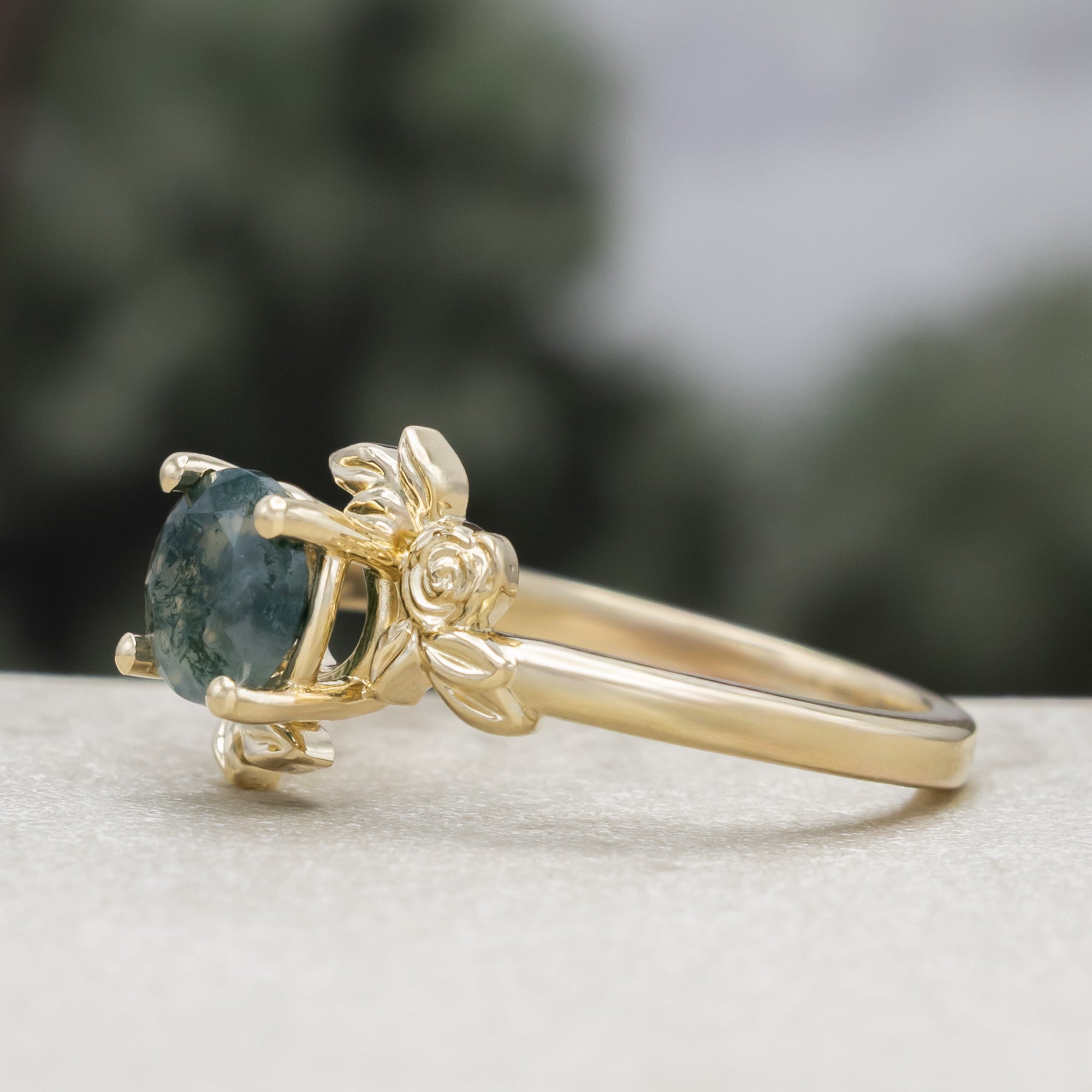 "Rosa" - Round Cut Moss Agate Solitaire Engagement Ring With Flower Accents-Staghead Designs