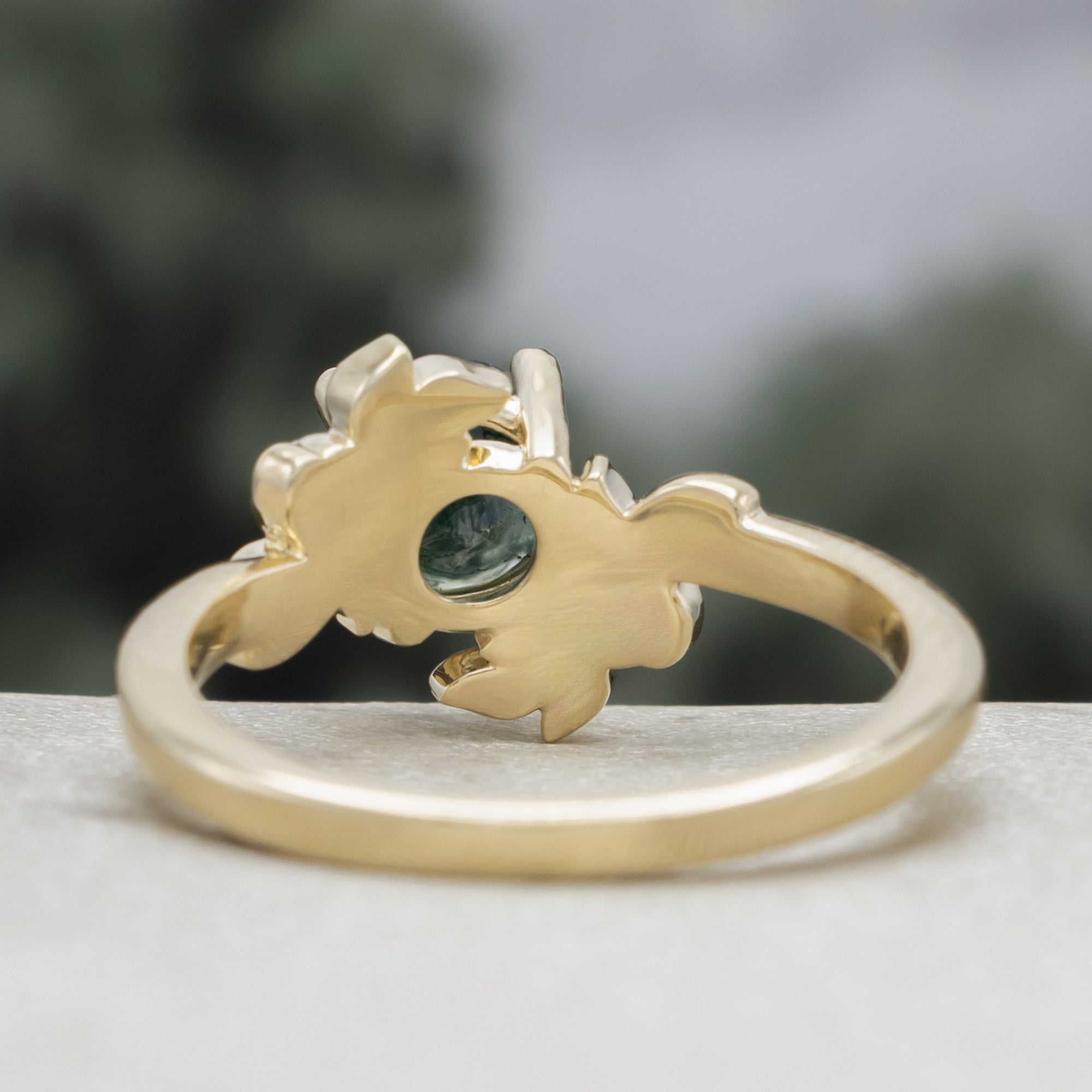 "Rosa" - Round Cut Moss Agate Solitaire Engagement Ring With Flower Accents-Staghead Designs